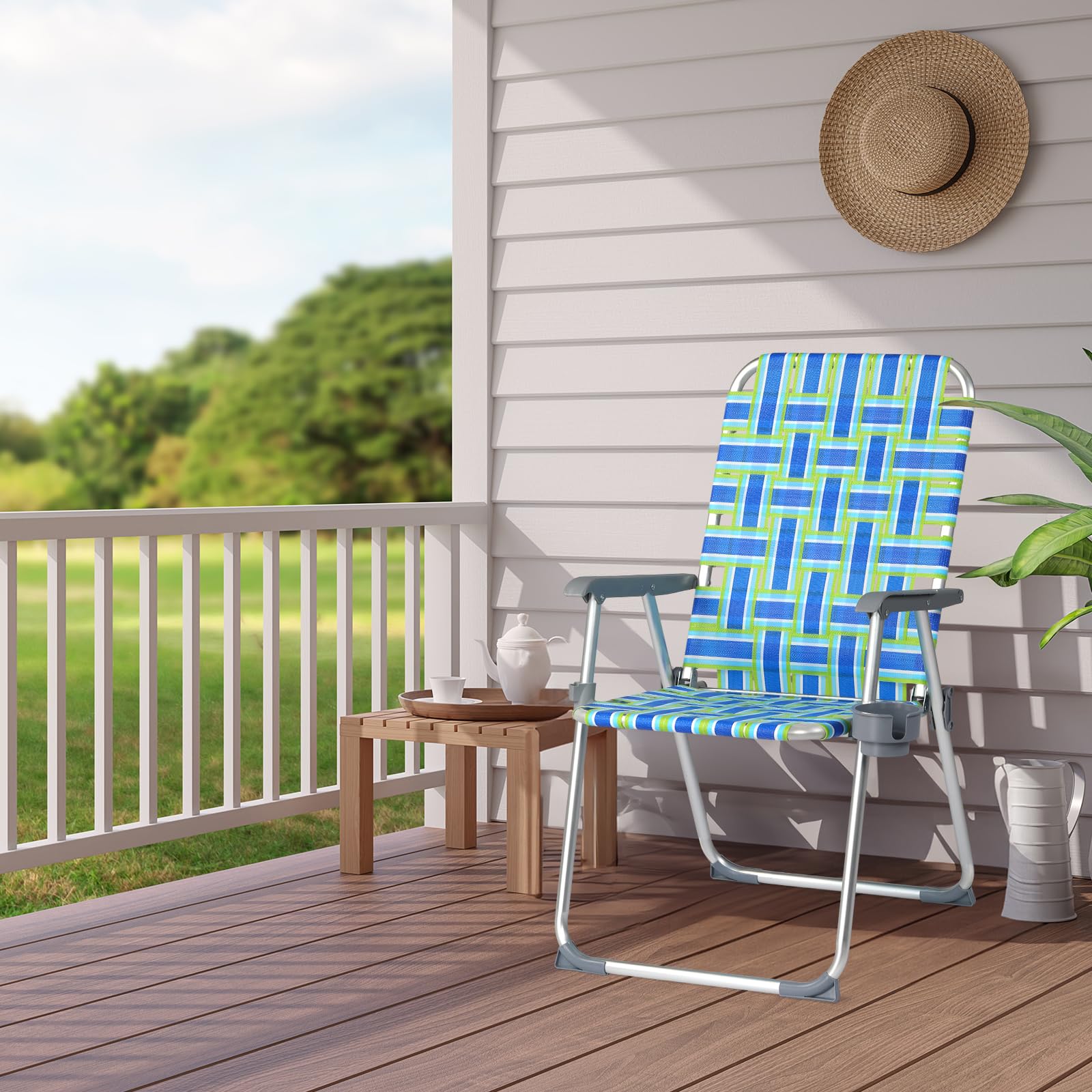 VINGLI Aluminum Folding Patio Chair with Detachable Cup Holder - Portable Webbed Beach & Camping Chair for Outdoor, Yard, Garden - Perfect for Backyard Relaxation, Beach Trips & Camping Adventures