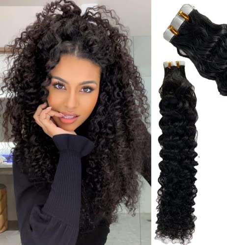 16 Inch Deep Curly Tape in Hair Extensions - 100% Human Hair, Natural Black, Invisible Double Sided Tape for Black Women - 20 Pcs (50g/Set) - Perfect for Daily Styling, Special Occasions & Protective Hairstyles