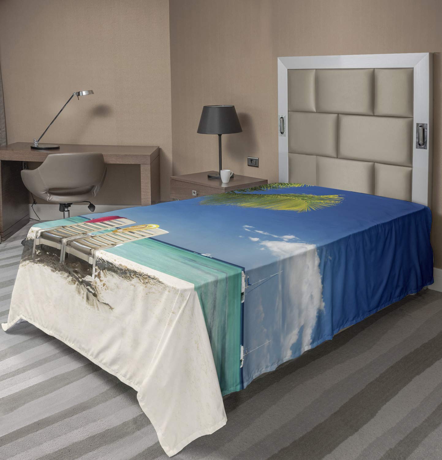 Ambesonne Seaside Flat Sheet - Soft Comfortable TwinXL Top Sheet with Relaxing Beach Palm Tree & Boat Panoramic Design in Green Blue | Perfect for Coastal Bedroom Decor, Vacation Home Bedding & Guest Room Essentials