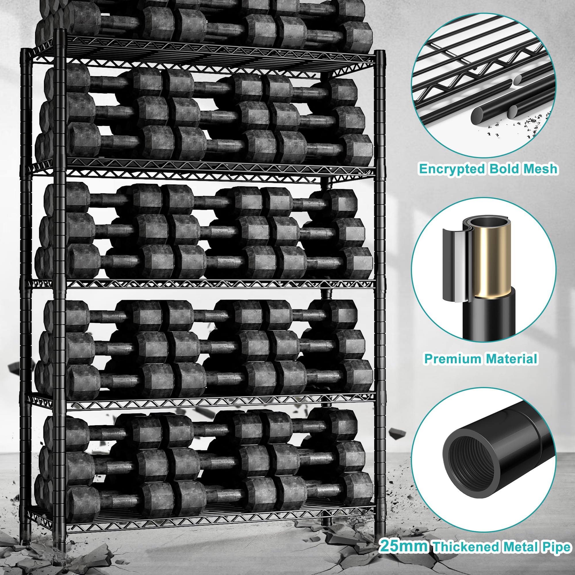 REIBII 5-Tier Heavy Duty Metal Storage Shelves with Wheels - 75.6