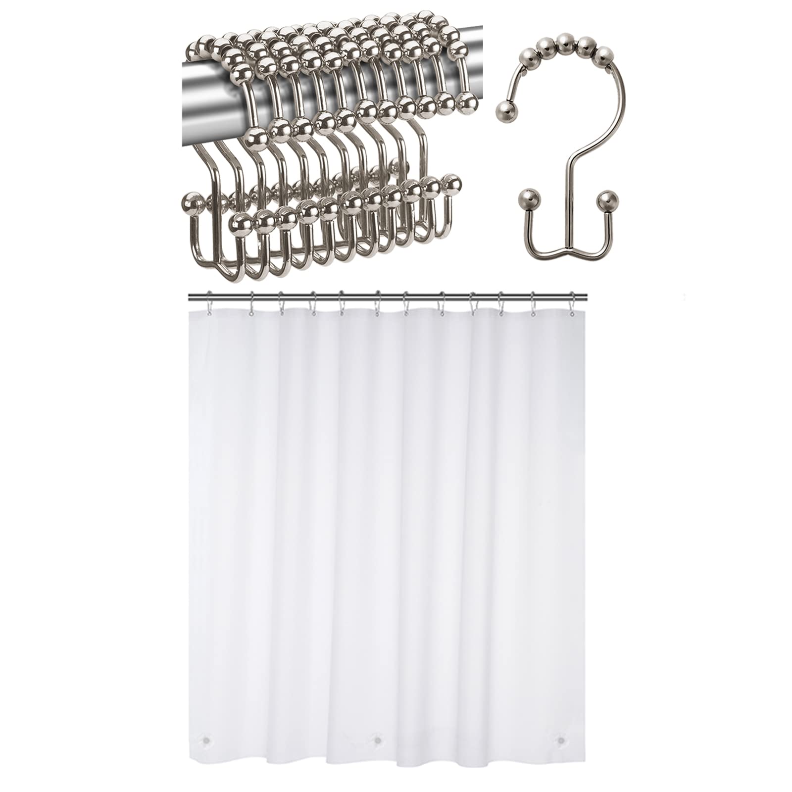 Titanker 12-Piece Shower Curtain Hooks with 72x72 Inch Frosted Bathroom Curtain Liner - Waterproof Shower Accessories for Bathroom Decor