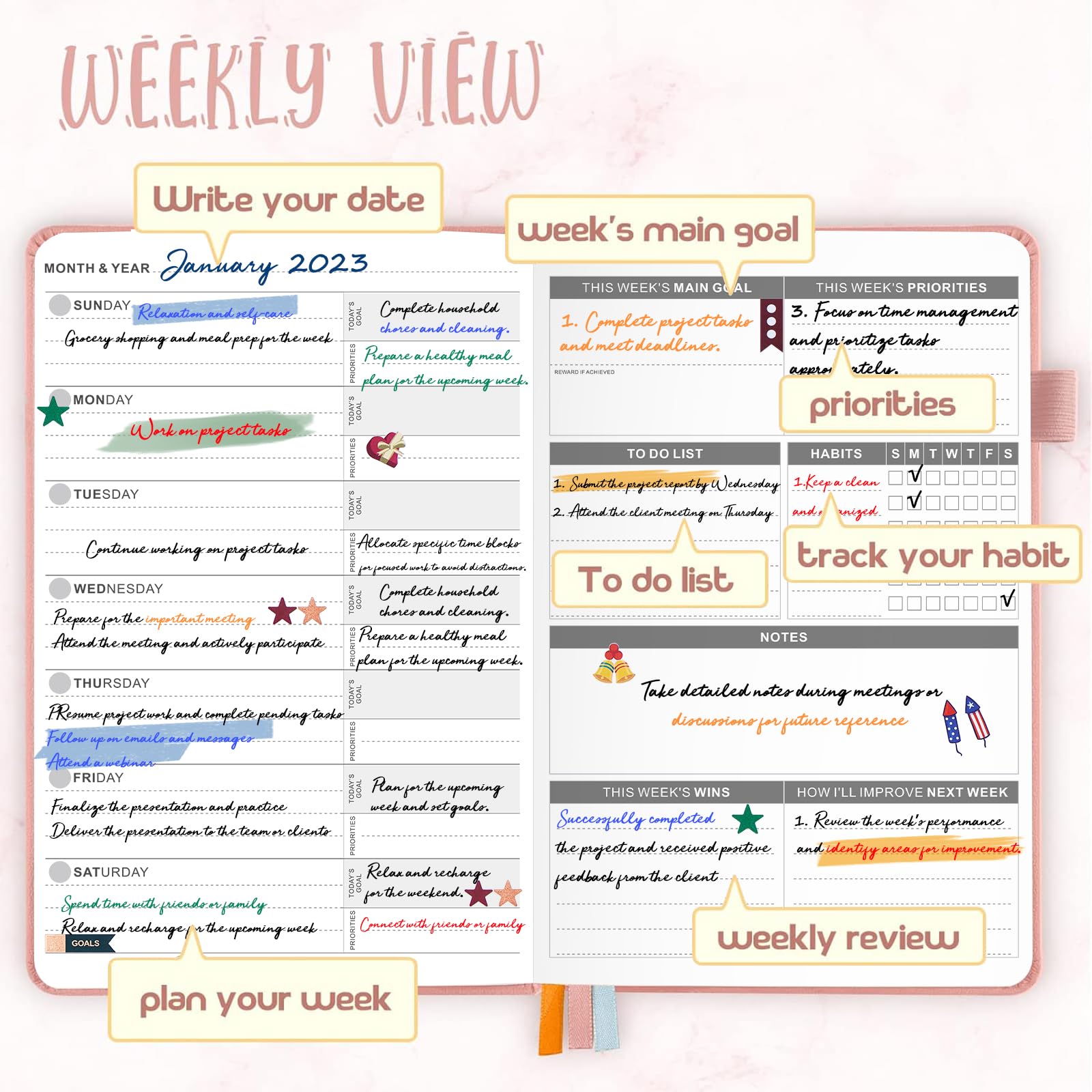 JUBTIC Undated Weekly & Monthly Planner - A5 Productivity Notebook with Stickers for Time Management, To-Do Lists & Goal Tracking - Perfect for Students, Professionals & Busy Moms (Pink) 2025