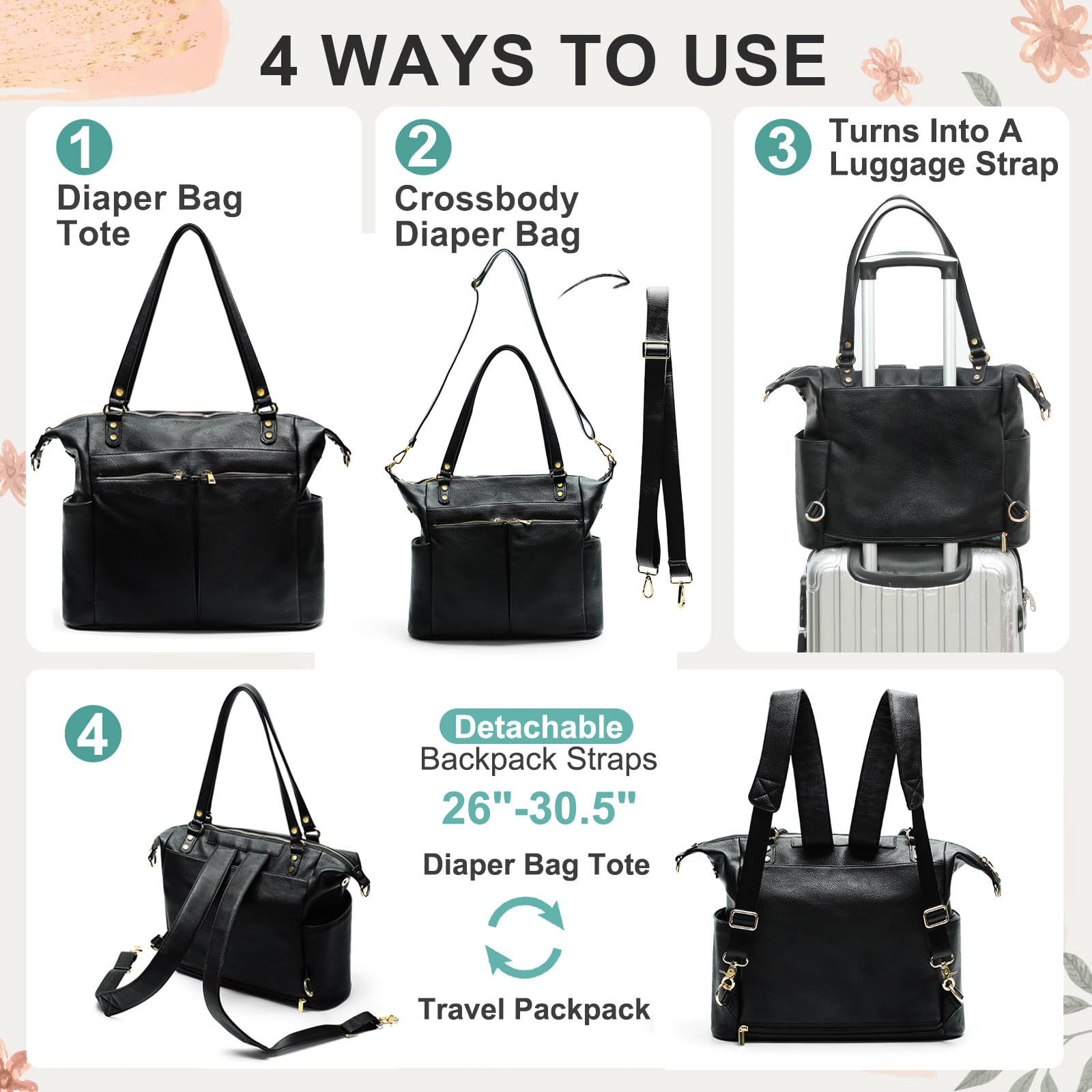 Premium Leather Diaper Bag Backpack for Moms - Large Tote with 14 Pockets, Insulated Compartments & Changing Pad | Convertible Baby Bag for Travel, Daycare & On-the-Go Parenting (Black)