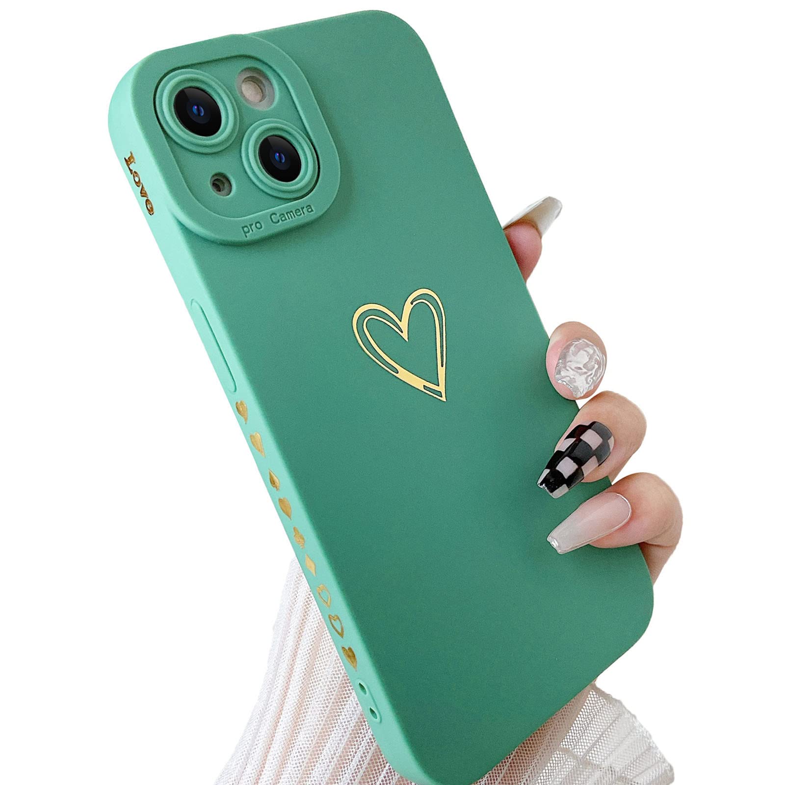 SmoBea iPhone 13 Case - Gold Heart Pattern Soft Liquid Silicone Shockproof Phone Cover for Women & Girls (Dark Green) | Cute Plated Heart Design, Slim Fit, Not Compatible with iPhone 13 Pro | Perfect for Everyday Use, Gift Giving & Fashion Protection