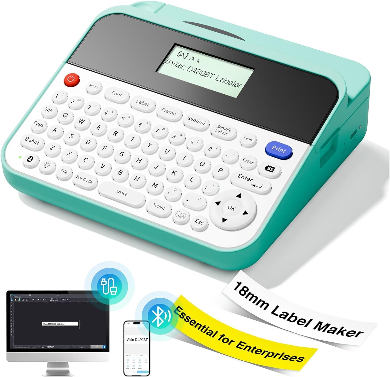 D480BT Bluetooth Label Maker Machine with Tape - QWERTY Keyboard Label Printer with Backlit LCD Screen | Up to 3/4