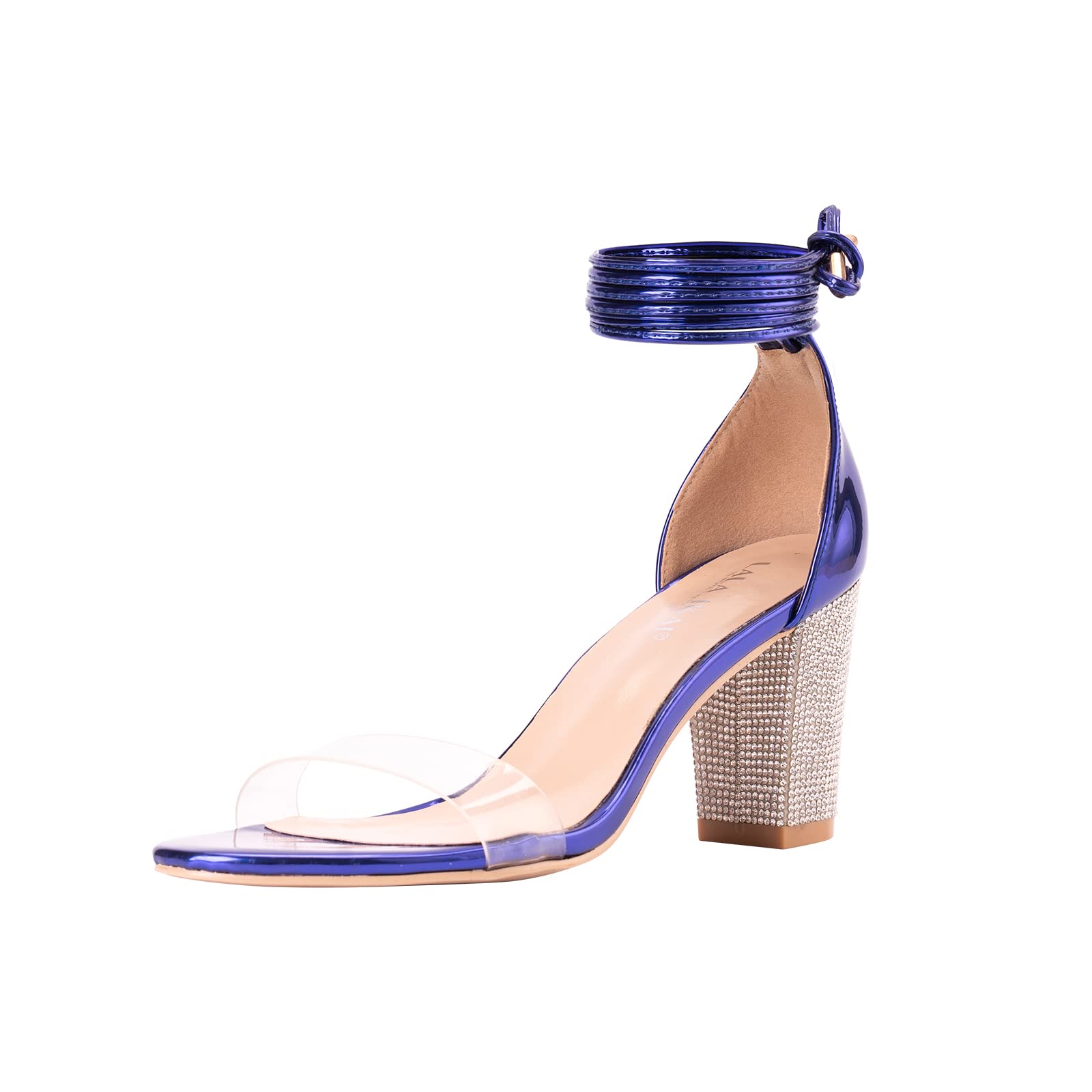 LALA IKAI Women's Rhinestone Ankle Strap High Heel Sandals - Gold Clear Chunky Heels Dress Party Pumps for Weddings, Prom, Evening Events & Special Occasions