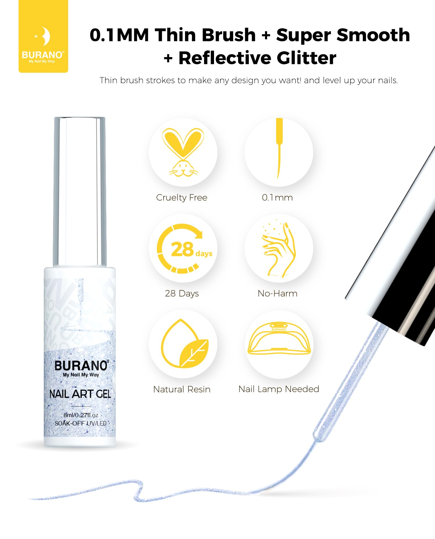BURANO Holographic Gel Nail Polish - Reflective Glitter Nail Art Liner with Thin Brush, Chrome Gel Polish for Nail Designs (8ml, Curing Required) - Perfect for Salon, DIY Manicures & Special Occasions