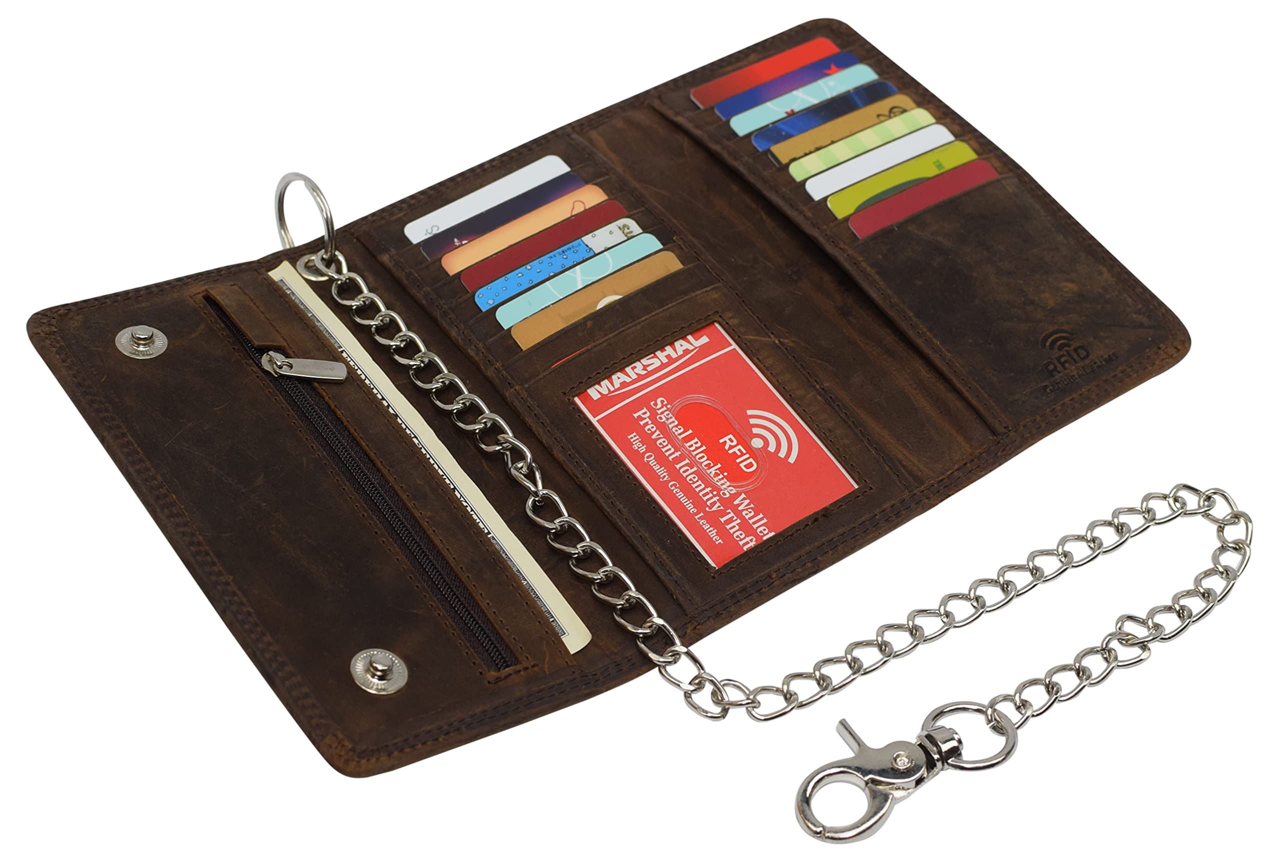 RFID Blocking Vintage Tri-Fold Men's Wallet - Genuine Cow Leather with Chain Card Holder (Brown) | Perfect for Travel, Business & Everyday Use
