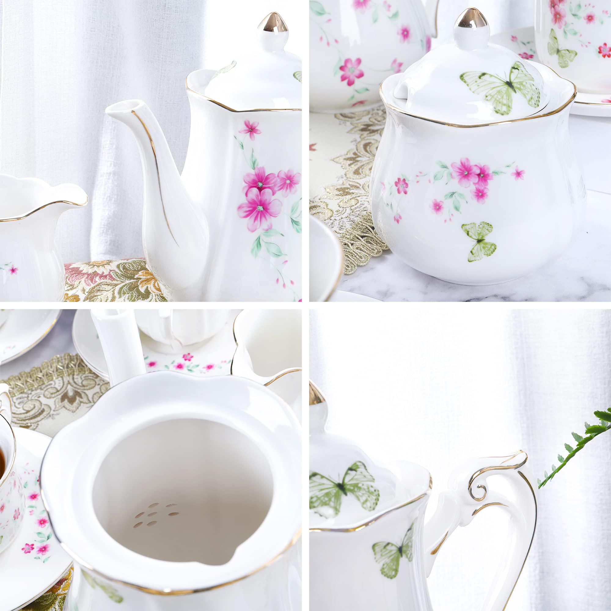 Fanquare 21-Piece Floral Butterfly Porcelain Tea Set - Spring Blossoms Tea & Coffee Service for 6, Perfect for Afternoon Tea Parties, Bridal Showers & Elegant Home Decor