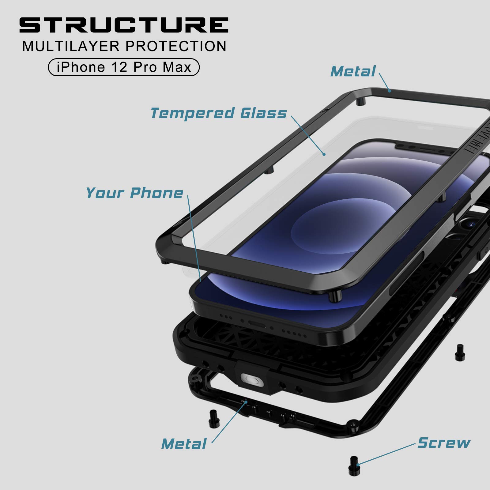 Shockproof iPhone 12 Pro Max Case with Aluminum Frame & Gorilla Glass - Heavy Duty Protective Cover for iPhone 12 Pro Max 6.7