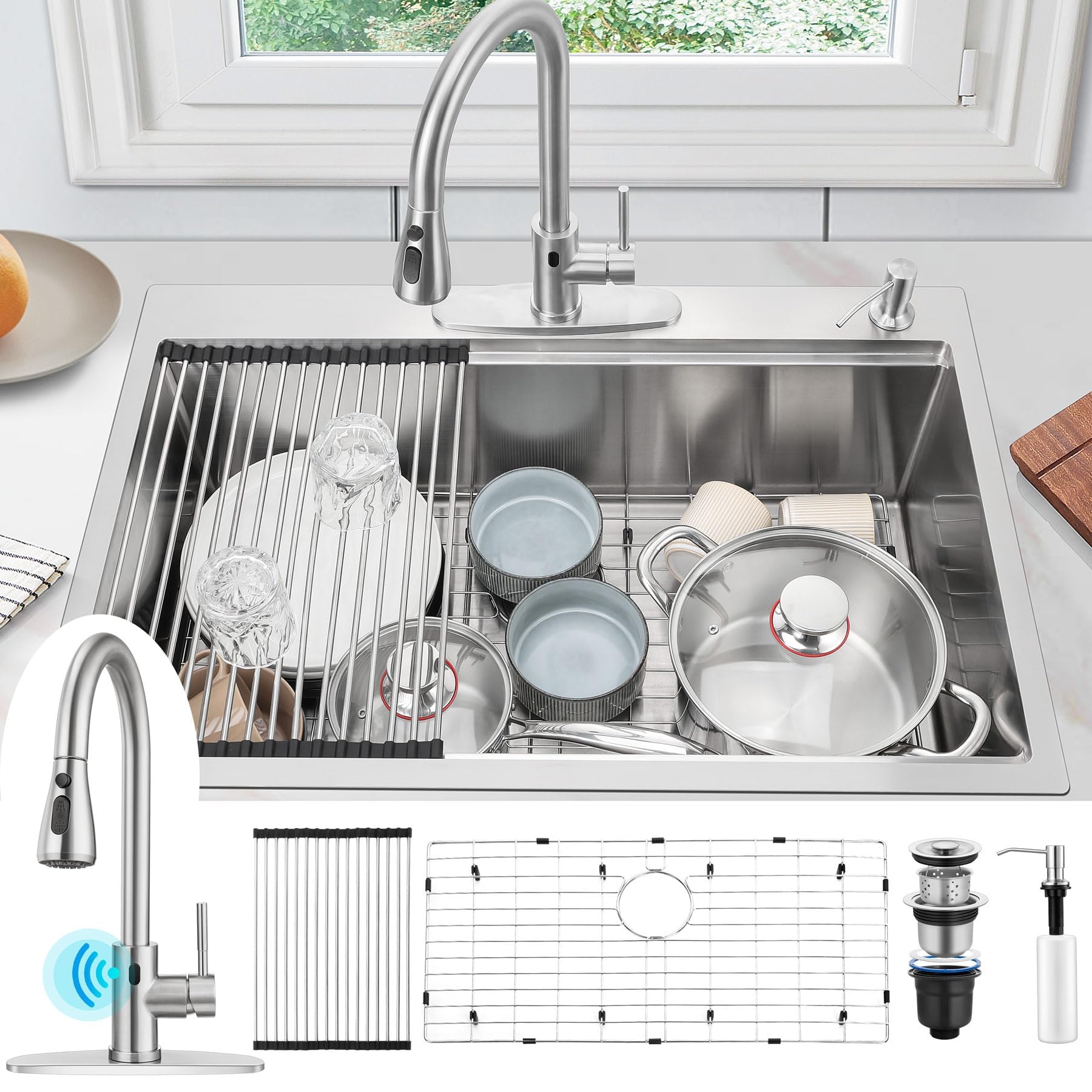 **33x22 Inch Drop-In Kitchen Sink with Touchless Faucet Combo – Herogo 18/10 Stainless Steel Single Bowl Handmade 10