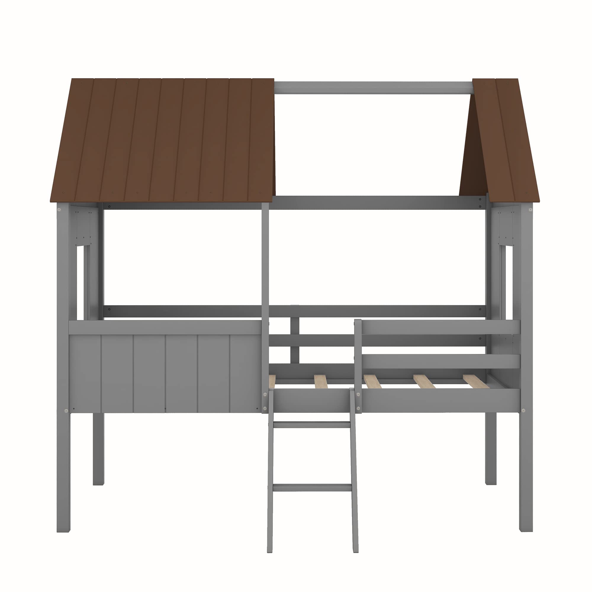 Twin Size Low Loft Bed for Kids - Wooden House Bed Frame with Side Windows, Roof & Safety Rails - Antique Gray - Perfect for Small Rooms & Play Areas