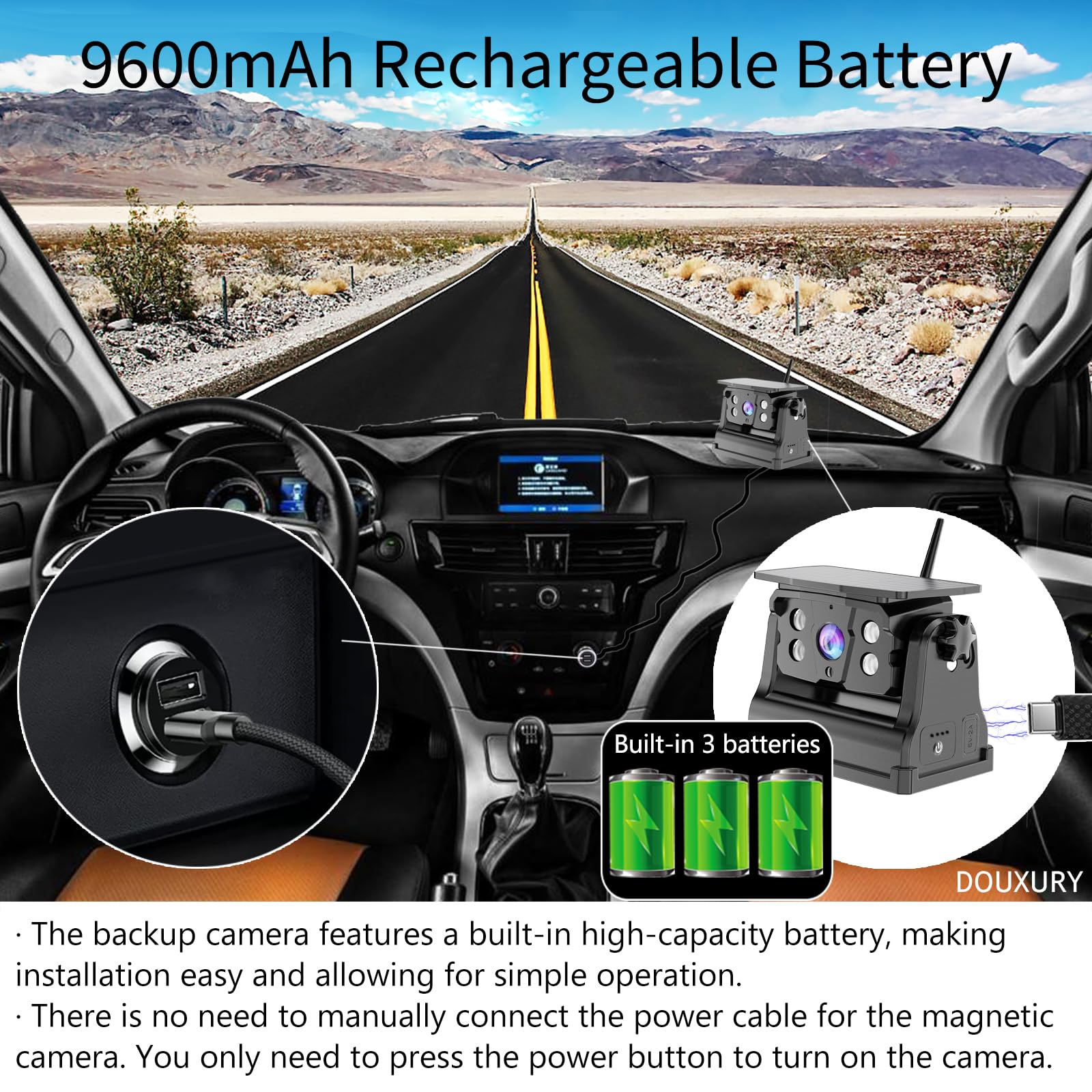 Wireless Solar Magnetic Backup Camera for Car, RV, Trailer, Truck, Camper & 5th Wheel - No Wiring/Drilling, Rechargeable, Night Vision, 5