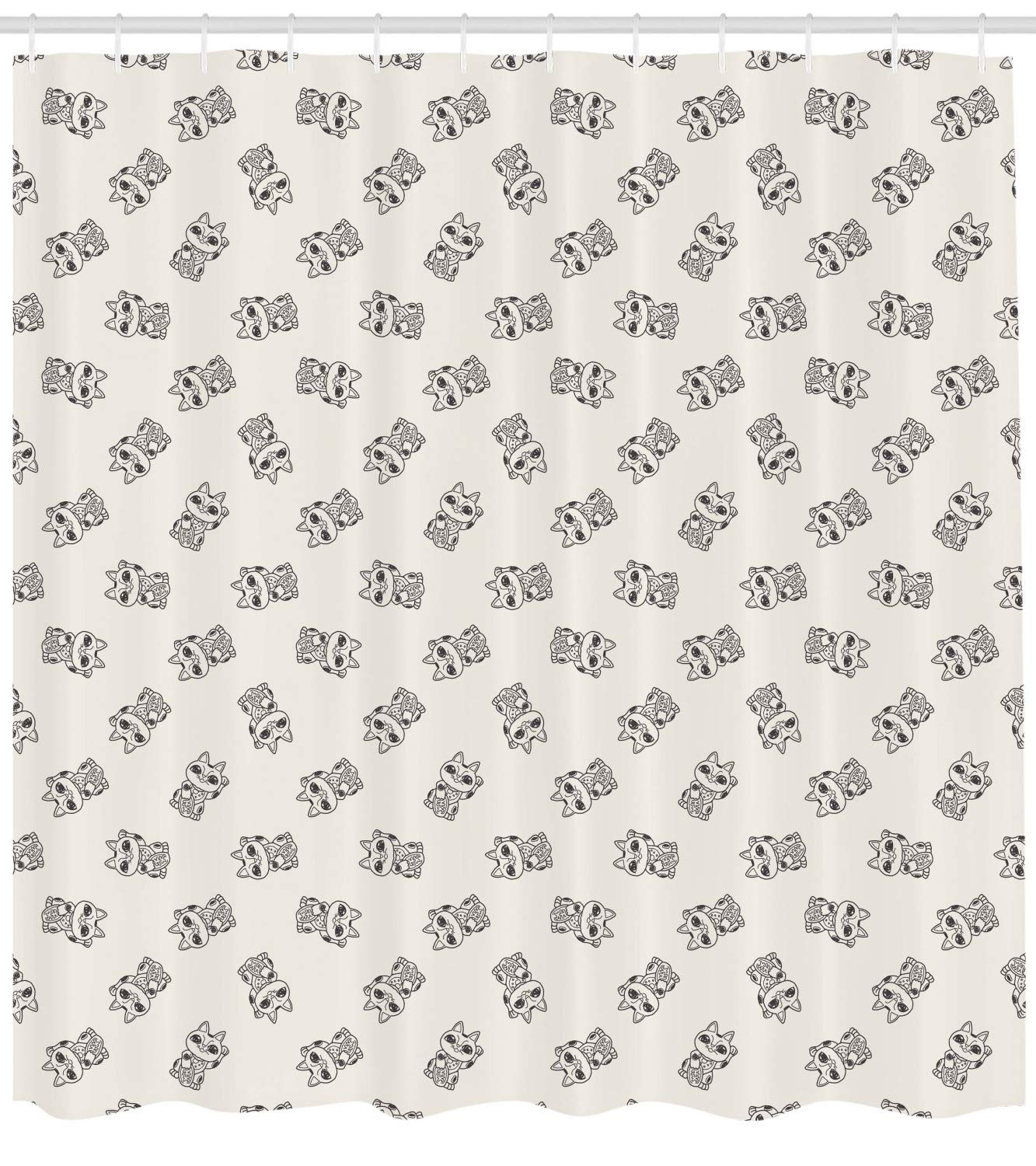 Ambesonne Japanese Cat Shower Curtain - Doodled Maneki Neko Lucky Cat Design, 69x75 Inch Fabric Bathroom Decor with Hooks in Eggshell & Grey | Cute Bathroom Accessories for Anime Lovers & Cat Themed Home Decor