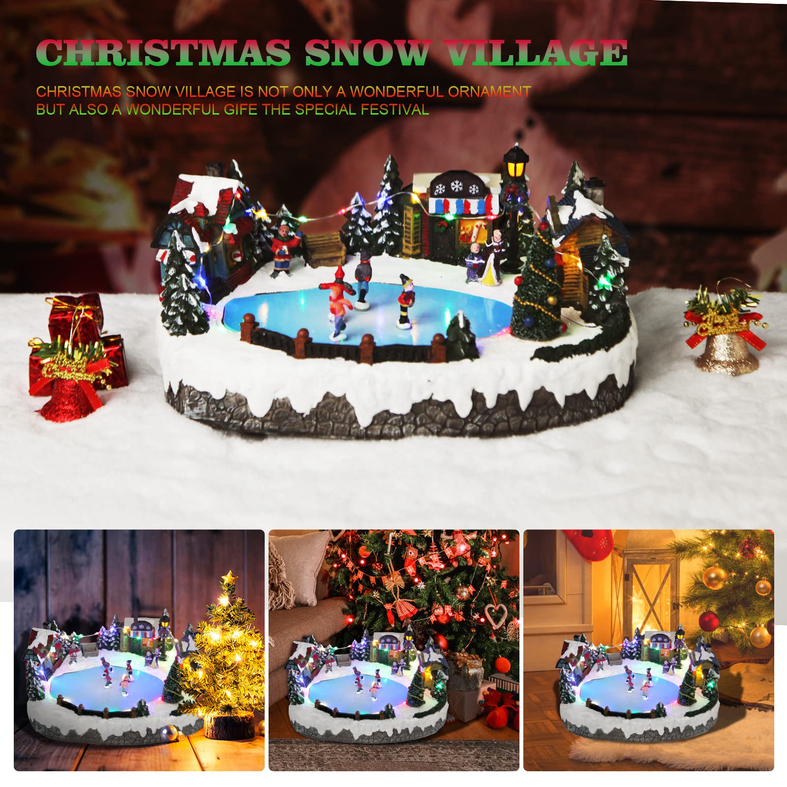 Christmas Village Snow Globe with Spinning Train & 8 Musical Tunes - Collectible Holiday Decoration for Home, Kids Room, Office Desk | Perfect Christmas Gift for Boys & Girls (Skating Scene)