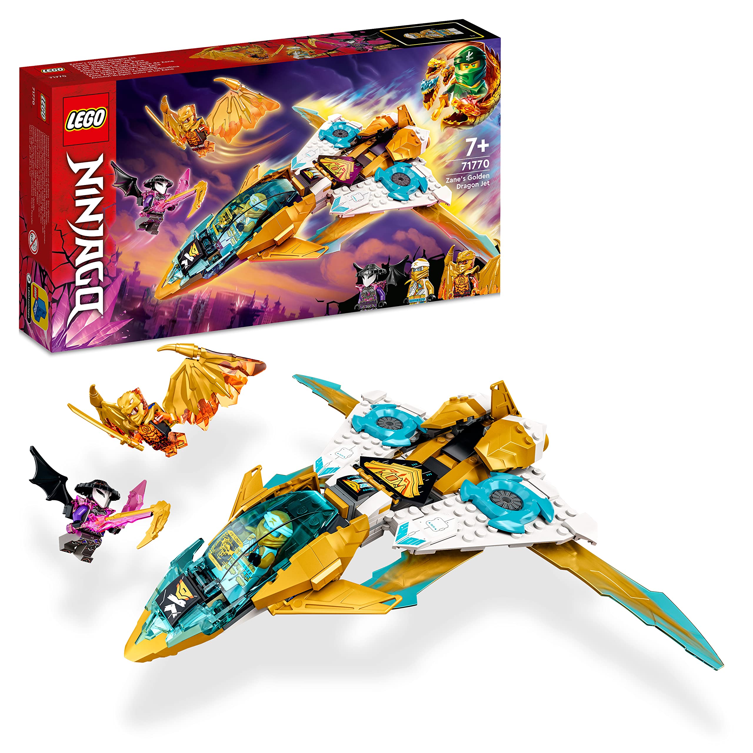 LEGO 71770 Ninjago Zane's Golden Dragon Reactor Toy Plane Building Kit for Kids Ages 7+ with Mini Action Figures - Inspired by Ninjago: Crystallized TV Series | Perfect for Creative Play, Birthday Gifts & Ninjago Fans
