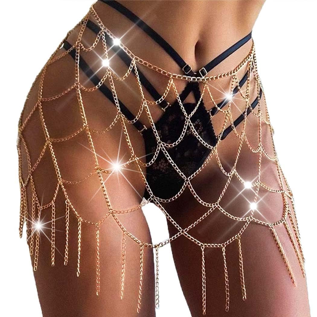 Sexy Gold Body Chain Jewelry for Women - Waist Hip Chain with Tassels, Mesh Skirt & Bikini Accessories - Perfect for Festival, Rave, Beach & Party Outfits