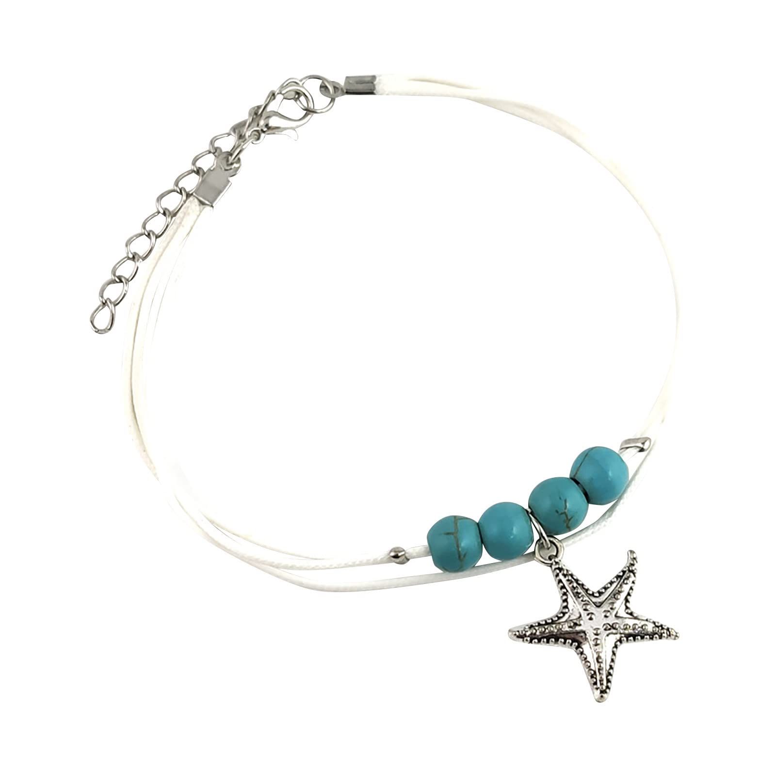 Turquoise Star Beaded Adjustable Anklet Bracelet for Women & Girls - Boho Beach Jewelry Gift with Ring Box (Silver, One Size) - Perfect for Summer Vacations, Music Festivals & Boho Chic Outfits