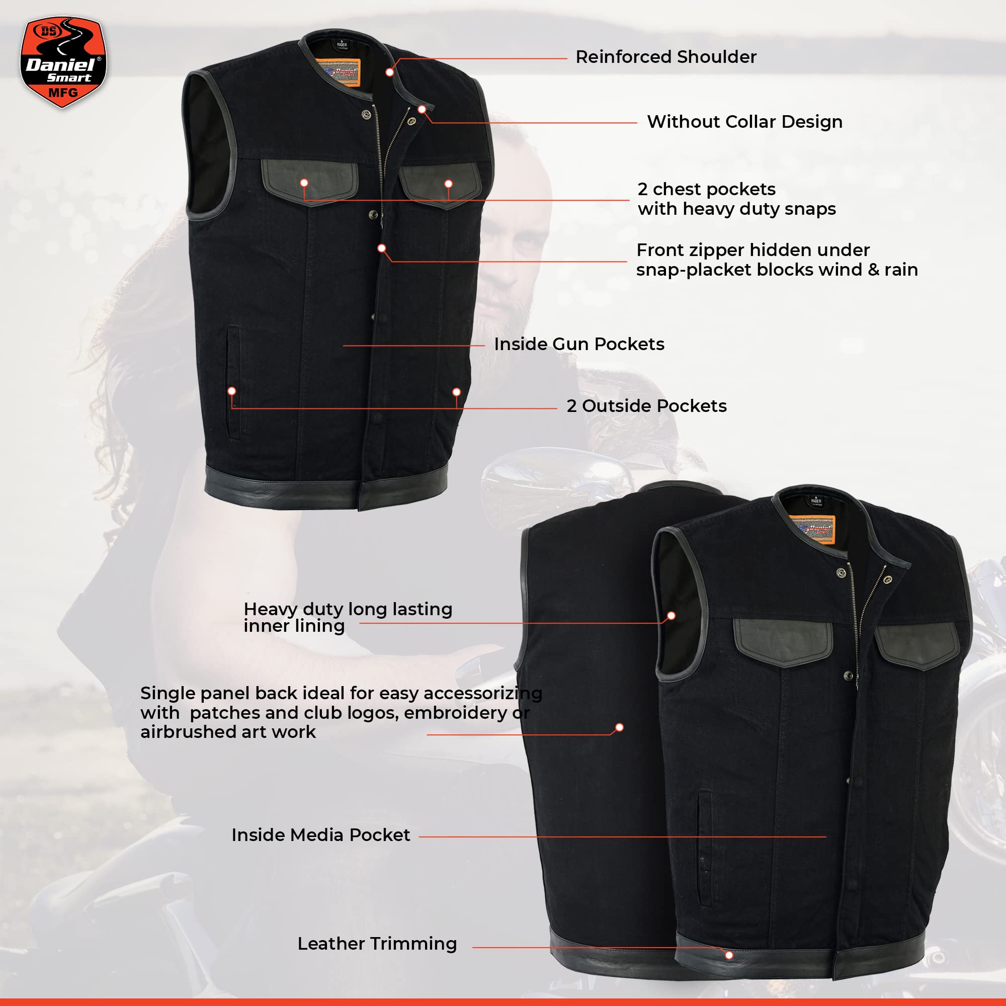 Daniel Smart Men's Black Denim Leather Trim Motorcycle Vest with Conceal Carry Pocket - Stylish Biker Jacket for Riding, Outdoor Adventures & Casual Wear
