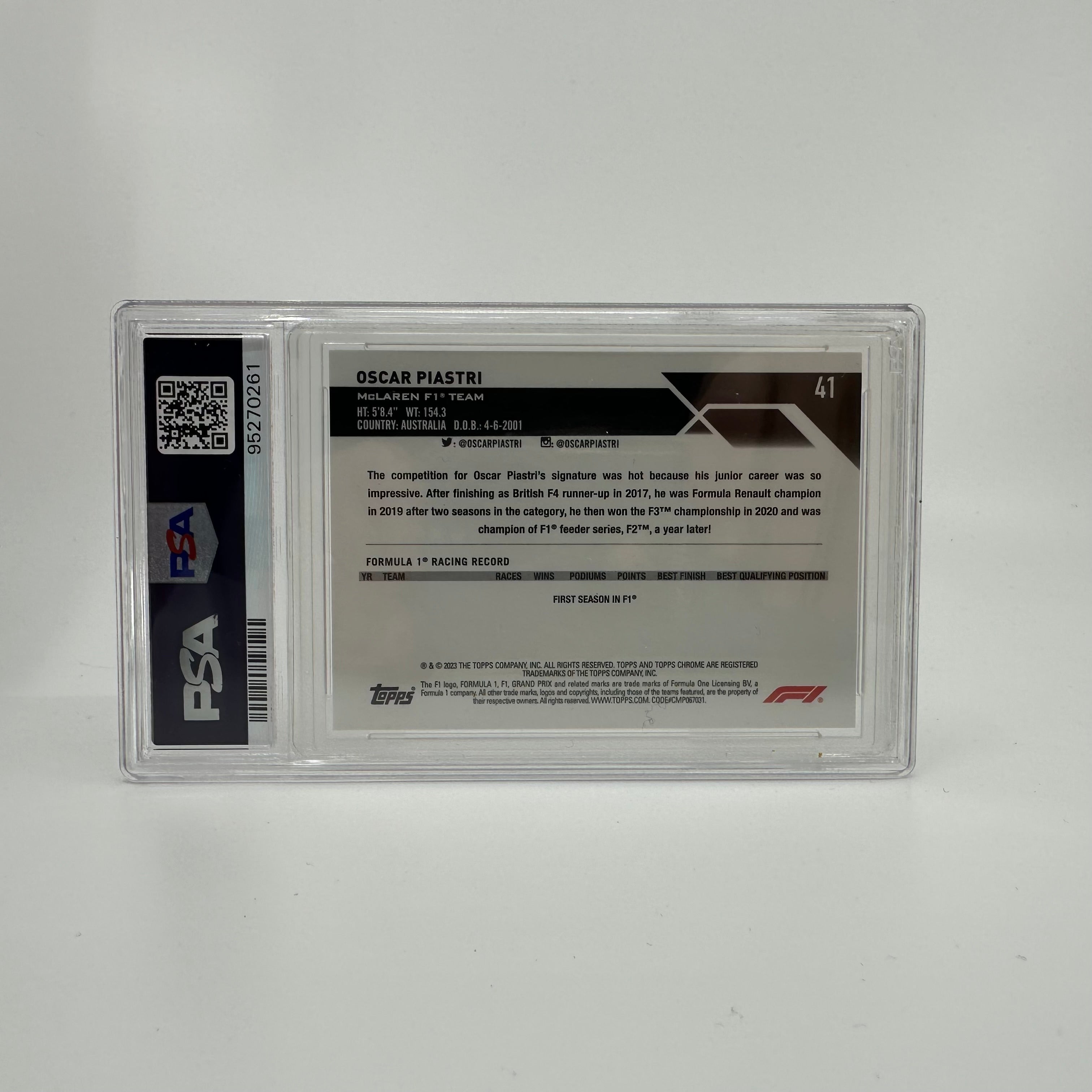 2023 Topps Chrome F1 Oscar Piastri #41 Rookie Card PSA 10 Purple Sapphire Edition - Perfect for F1 Collectors, Racing Fans & Sports Memorabilia Enthusiasts