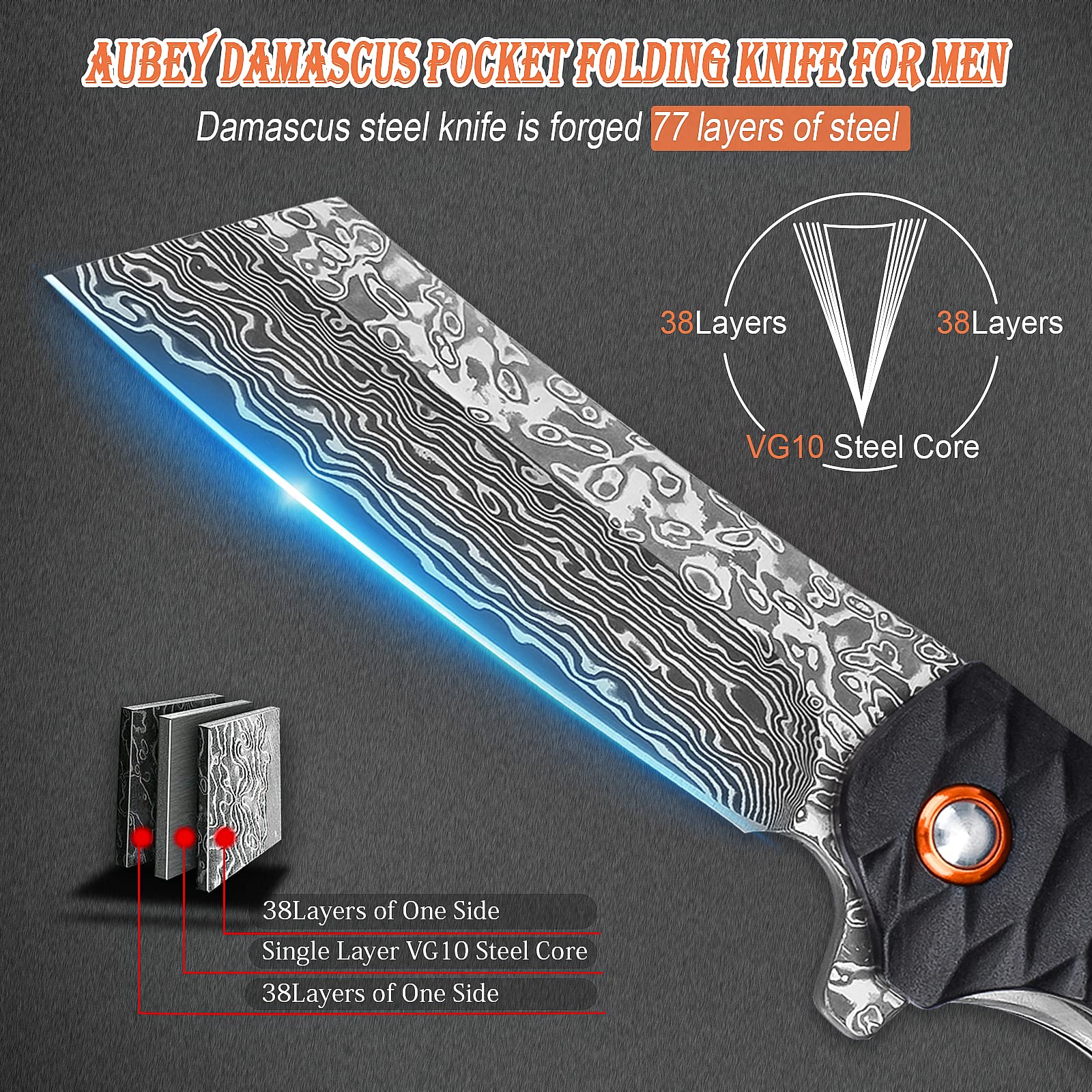 AUBEY Damascus Pocket Knife - 3.34