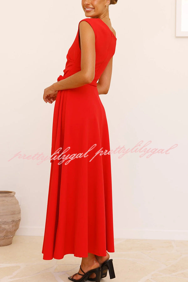 Elegant Solid Color Sloped Collar Slim Fit Waist Lace Up Maxi Dress for Women | Formal & Casual Occasions | Perfect for Weddings, Parties & Date Nights