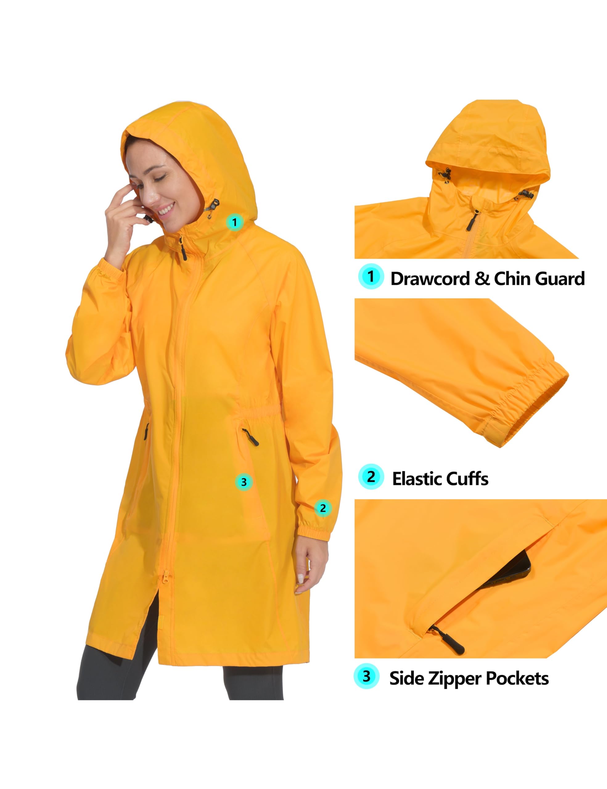 Mapamyumco Women's Ultra-Light Packable Waterproof Long Rain Jacket with Hood - Windproof Travel Raincoat with Zipper Pockets for Hiking, Camping & Outdoor Activities