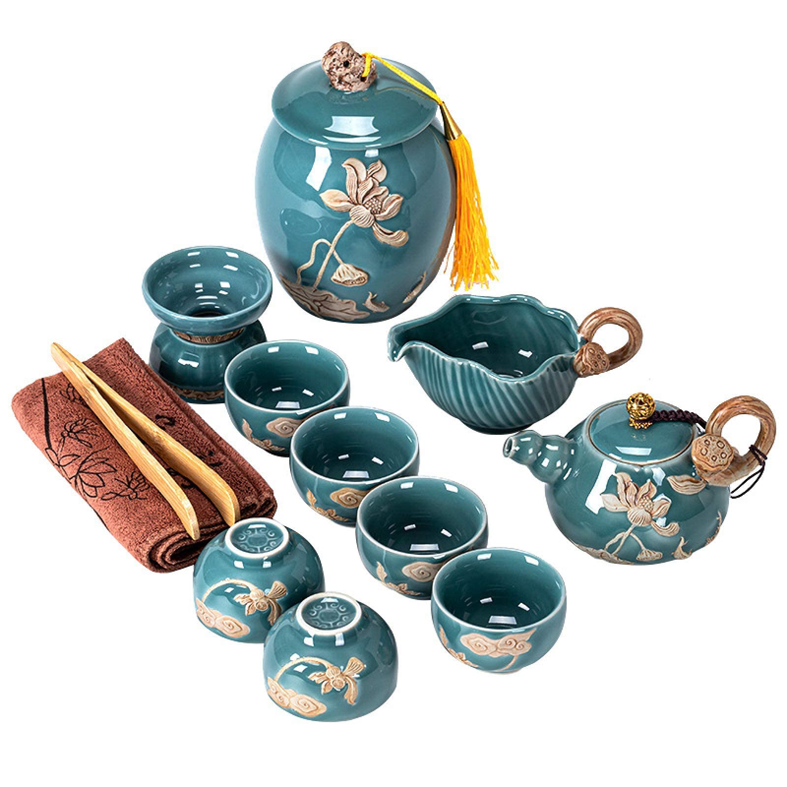Premium Blue Glaze Porcelain Kung Fu Tea Set - Ceramic Tea Pot with Cups & Tea Canister - Traditional Chinese Tea Ceremony Gift for Home, Office & Meditation Use