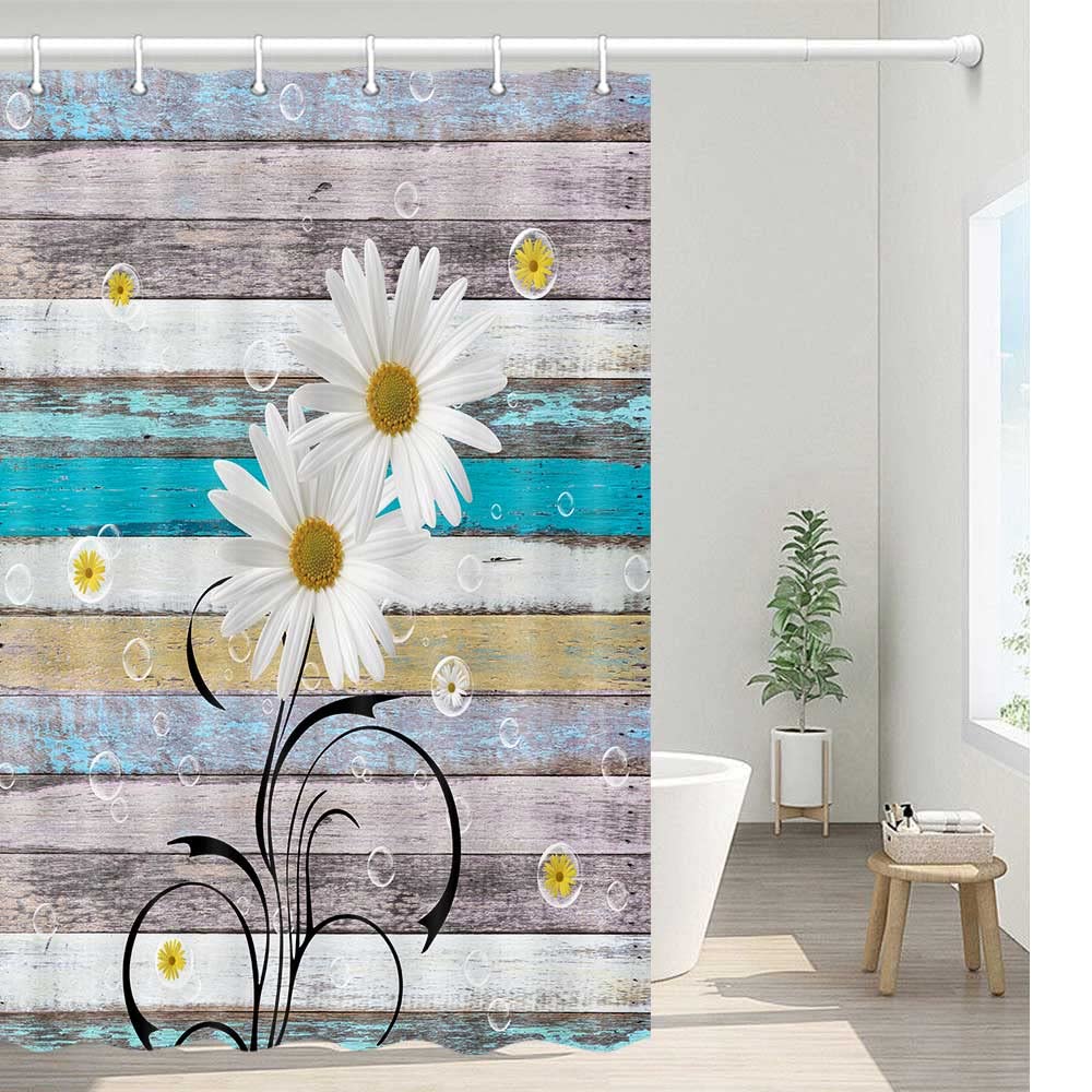 Rustic Daisy Shower Curtain - Farmhouse Bathroom Decor with Wooden Hooks, 36x72 Inch Spring Floral Shower Curtain Set for Country Style Bathrooms | Perfect for Vintage, Cottage & Farmhouse Bathroom Decor