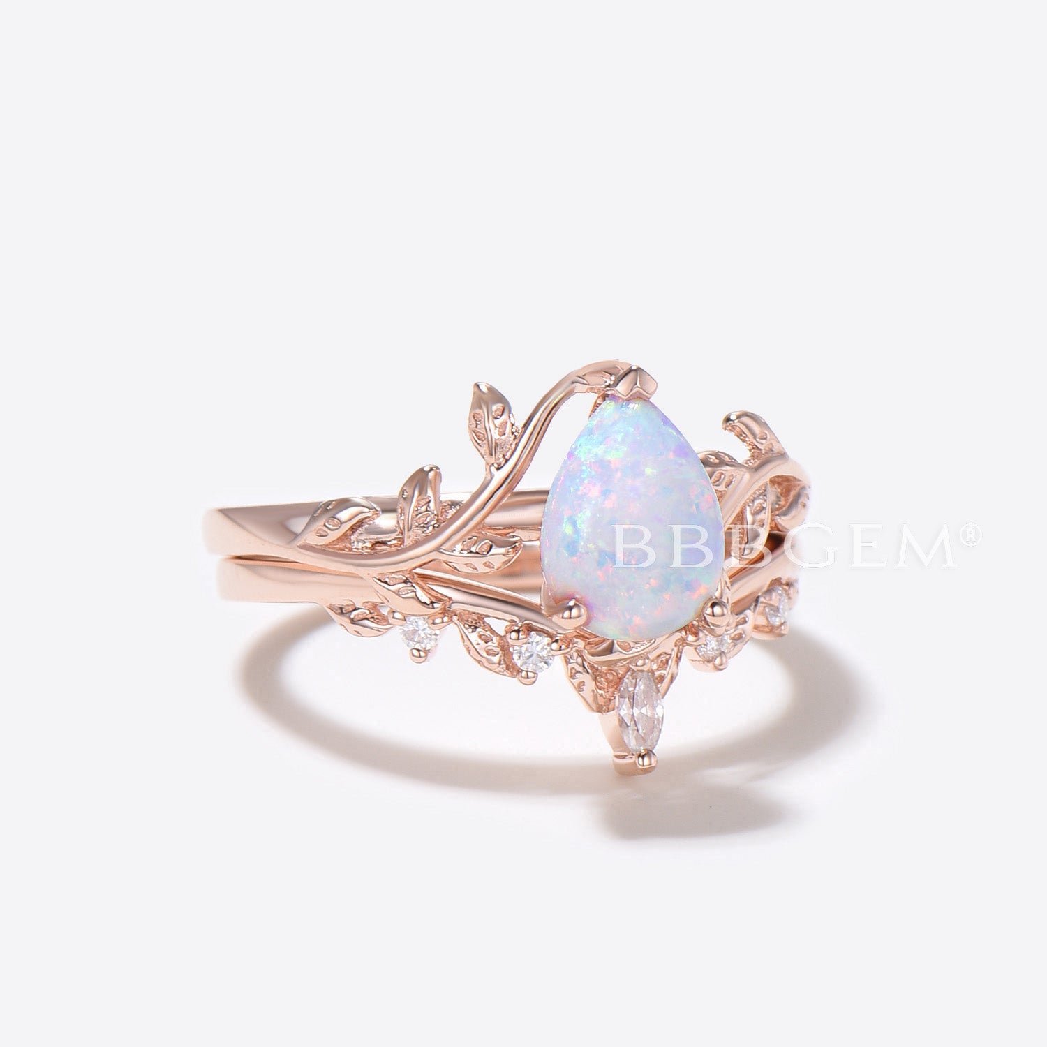 1.25ct Pear Shaped White Opal Diamond Twig Leaf Vine Engagement Ring Set - Elegant Wedding Band for Brides, Anniversary Gift for Her, Perfect for Proposals & Romantic Occasions