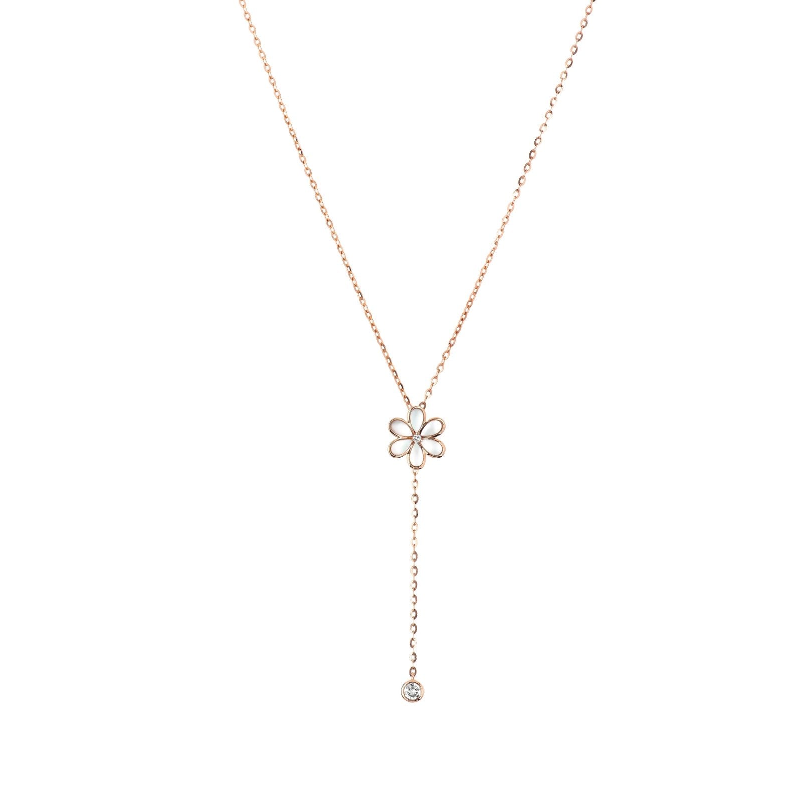 14k Rose Gold Mother of Pearl Flower & Diamond Drop Lariat Necklace - Elegant Bridal Jewelry for Weddings, Anniversaries & Special Occasions