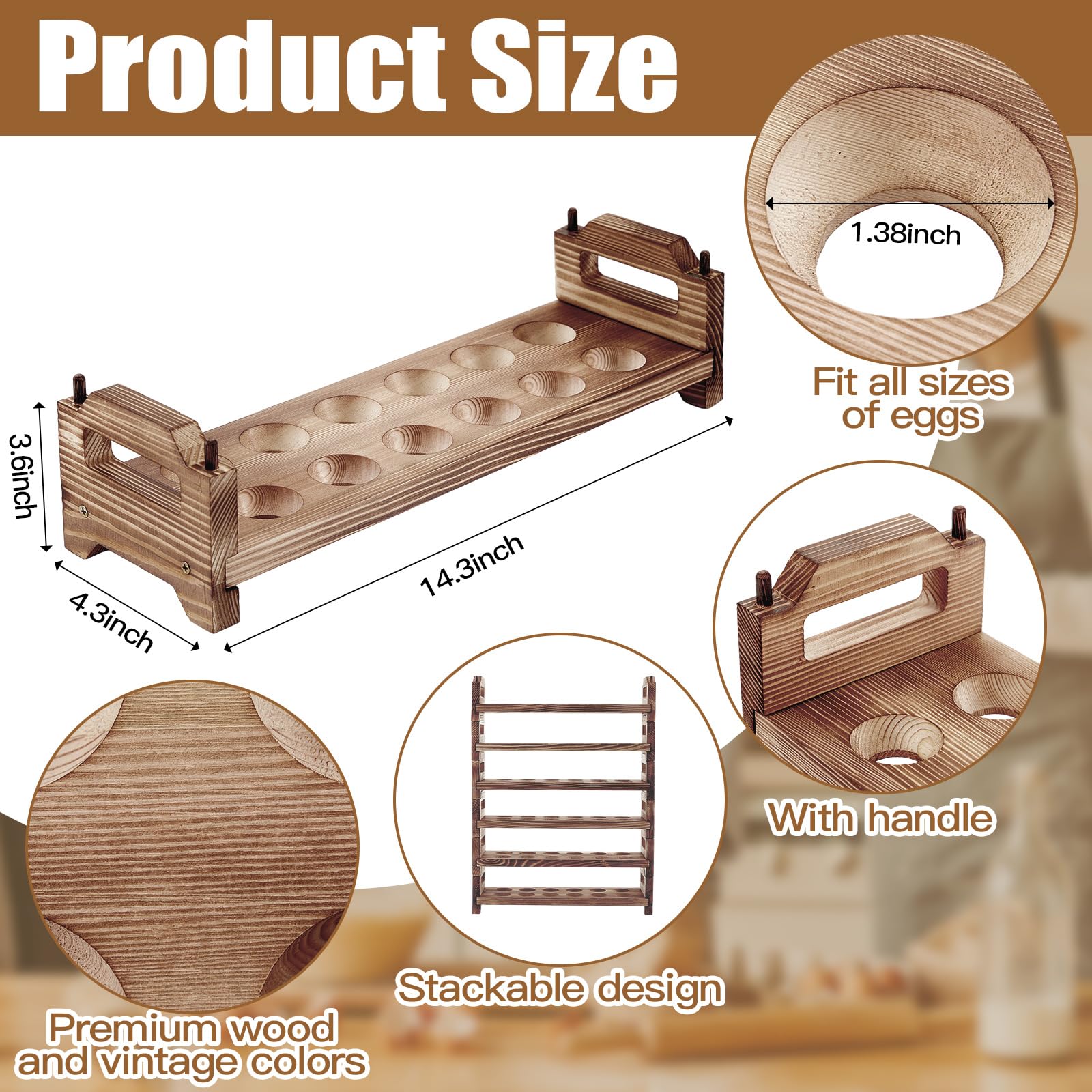 Maxcheck 6-Tier Wooden Egg Holder - Stackable Refrigerator & Countertop Organizer for 72 Eggs with Handles | Perfect for Kitchen Storage, Farm Fresh Eggs & Deviled Egg Preparation