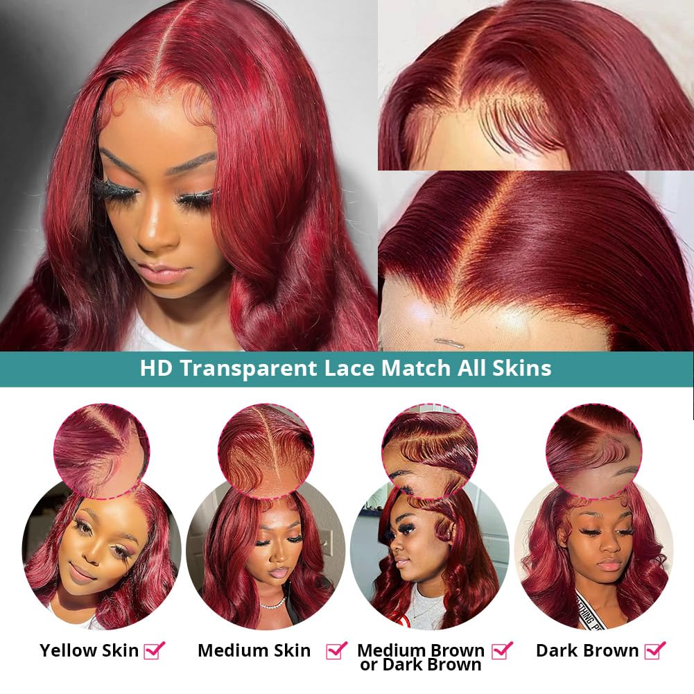 Allove 99j Burgundy 22inch Human Hair Lace Front Wig - 180% Density Pre-Plucked Body Wave with Baby Hair | 13x4 Glueless HD Transparent Frontal | Perfect for Daily Wear, Cosplay & Special Occasions
