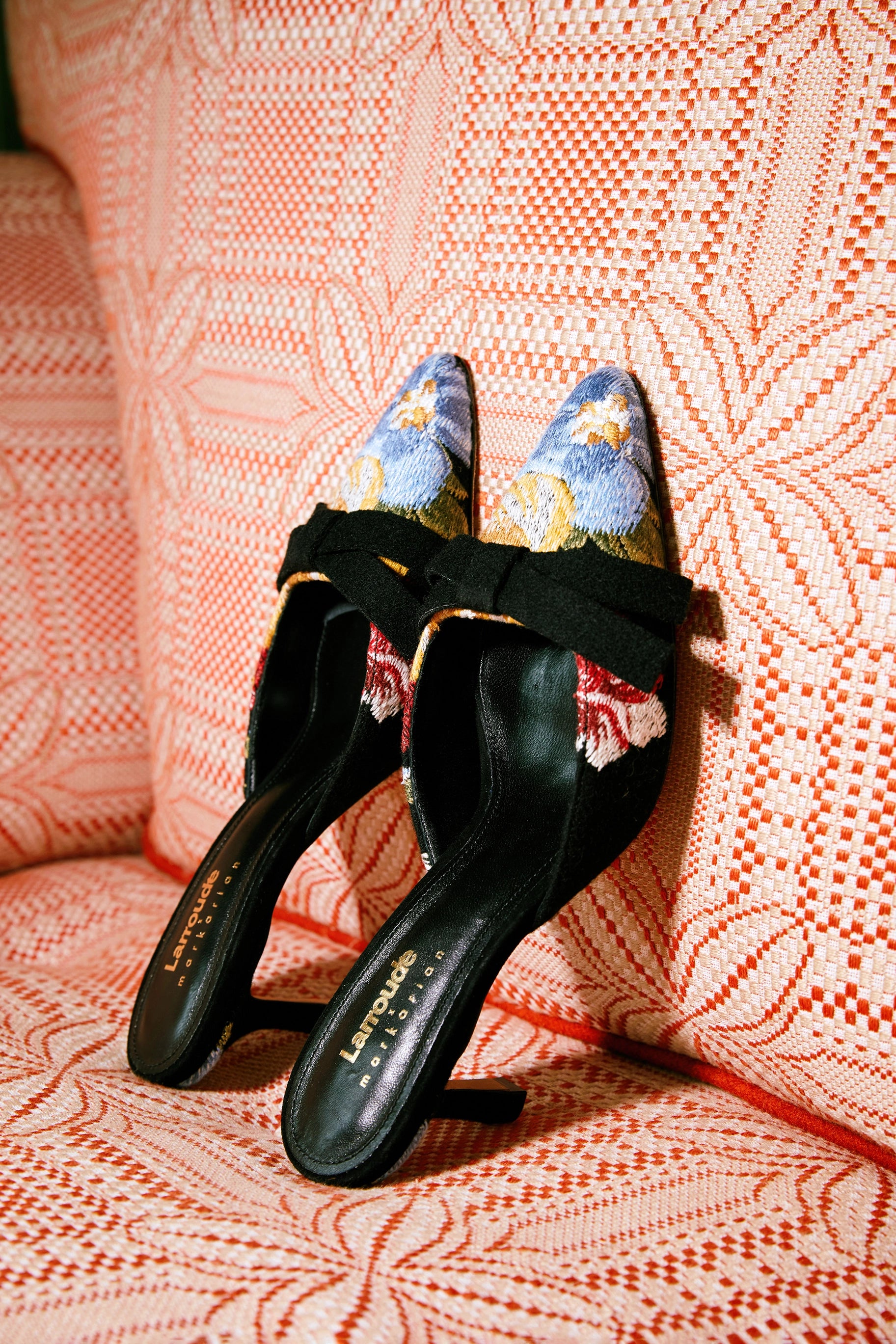 Larroudé x Markarian Black Wool Mule Shoes with Floral Embroidery - Elegant Slip-On Loafers for Women | Perfect for Office, Parties & Special Occasions