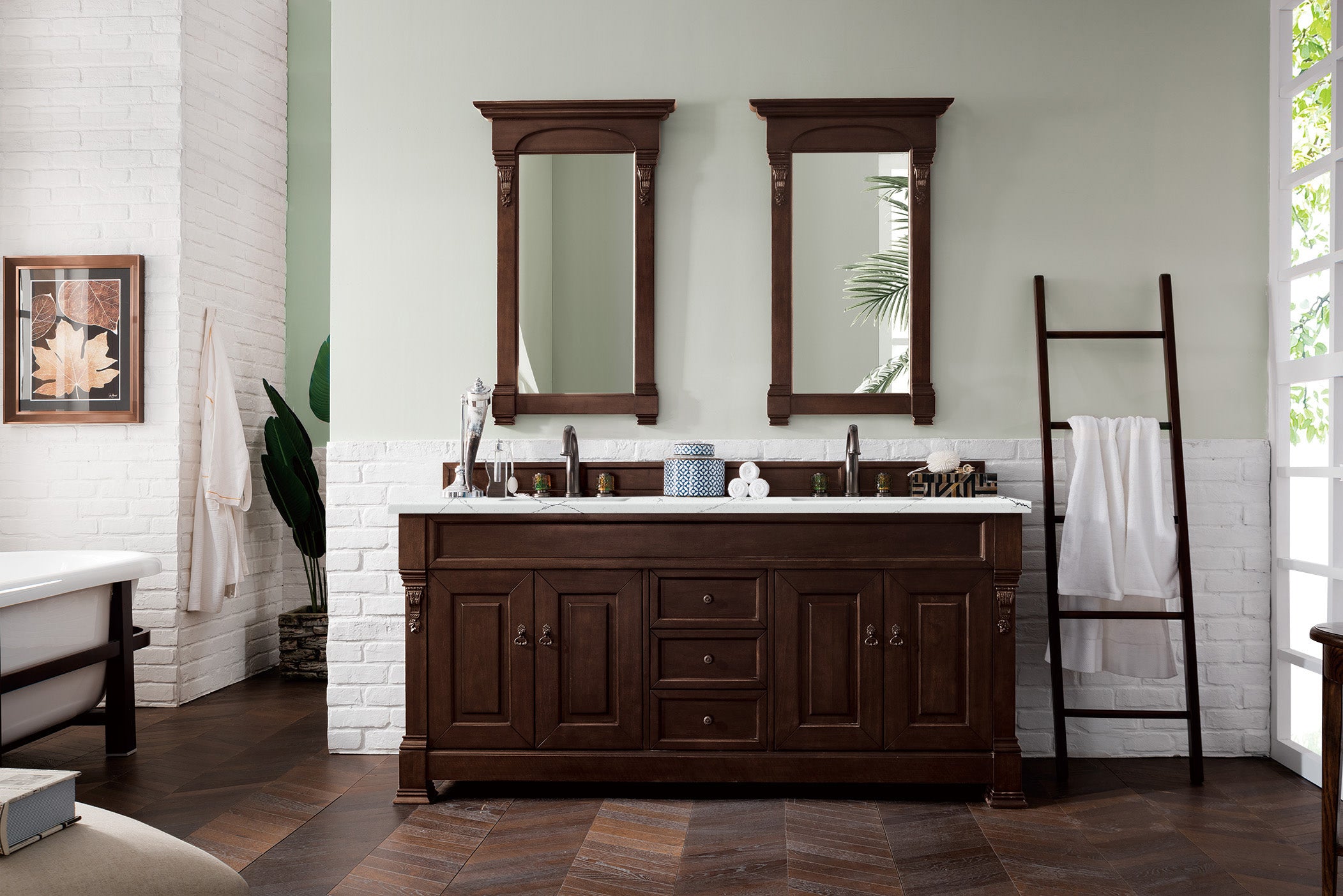 Brookfield 72 Inch Double Vanity with Burnished Mahogany Base & 3CM Ethereal Noctis Quartz Top - Perfect for Master Bathroom & Luxury Home Renovation