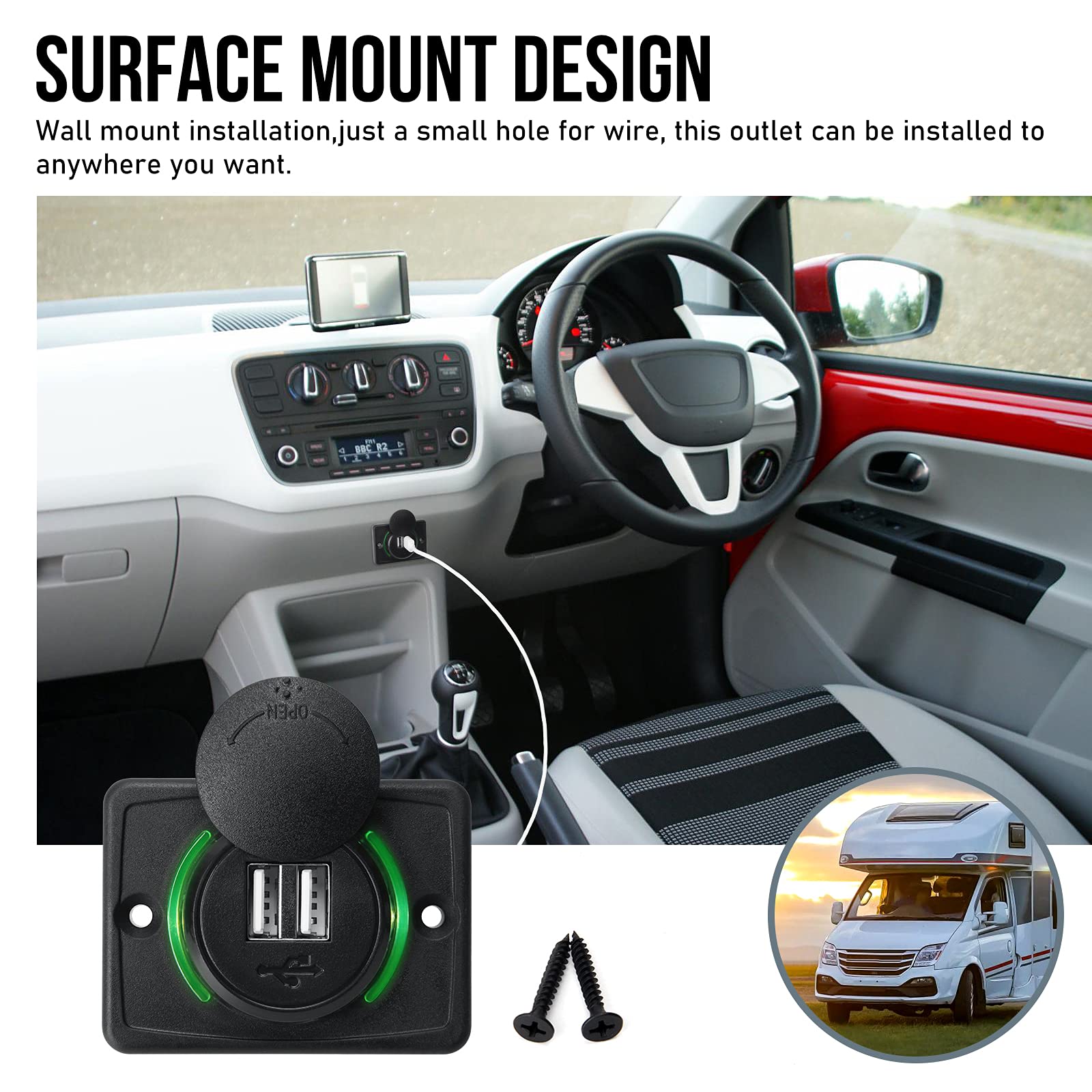 12V RV USB Charger - Dual Port Quick Charge 3.0 Wall Mount Charging Station with LED Indicator & Protective Cap for Car, Camper, Boat, Marine, SUV, ATV (Black) - Perfect for Road Trips & Outdoor Adventures