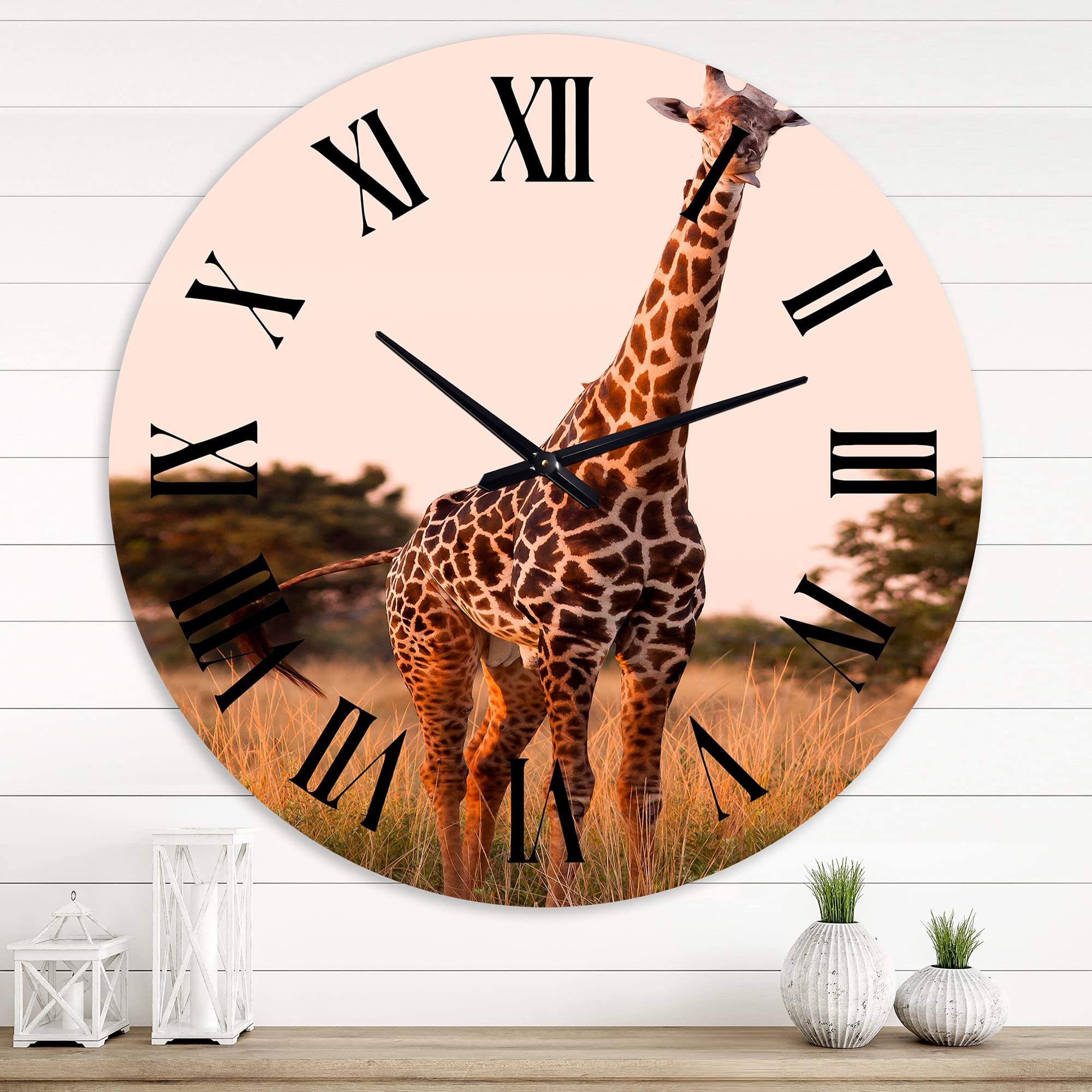 DesignQ Farmhouse Wall Clock - African Giraffe in The Wild I - Large Animal Wall Clock for Kitchen, Living Room, Bedroom Decor - Perfect for Rustic, Safari, and Nature-Themed Home Décor