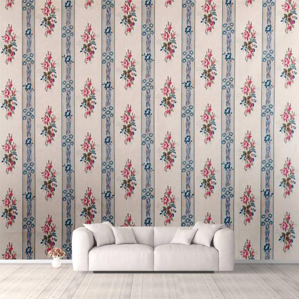 3D Self-Adhesive Wallpaper - Blue & Pink Stripes with Antique Floral Pattern - Peel and Stick Wall Mural for Bedroom, Living Room, Dorm Decor - Easy to Apply on Walls, Ceiling & Wardrobes - Perfect for Home Renovation & Interior Design Projects