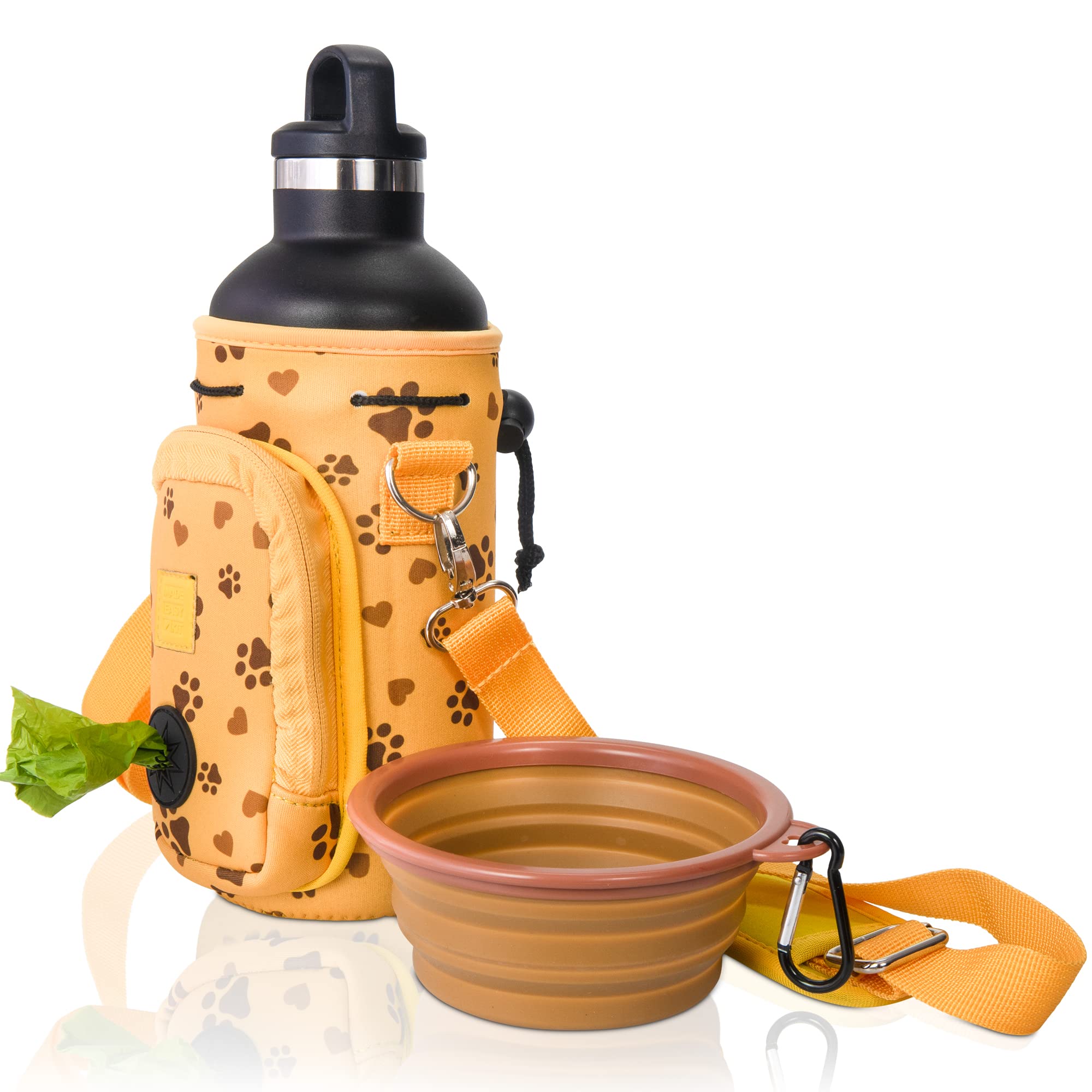 **Portable Dog Water Bottle Carrier with Adjustable Padded Strap & Waste Bag Pocket - Large 32oz with Bowl, Yellow Paws & Hearts Design - Perfect for Hiking, Walking & Outdoor Adventures**