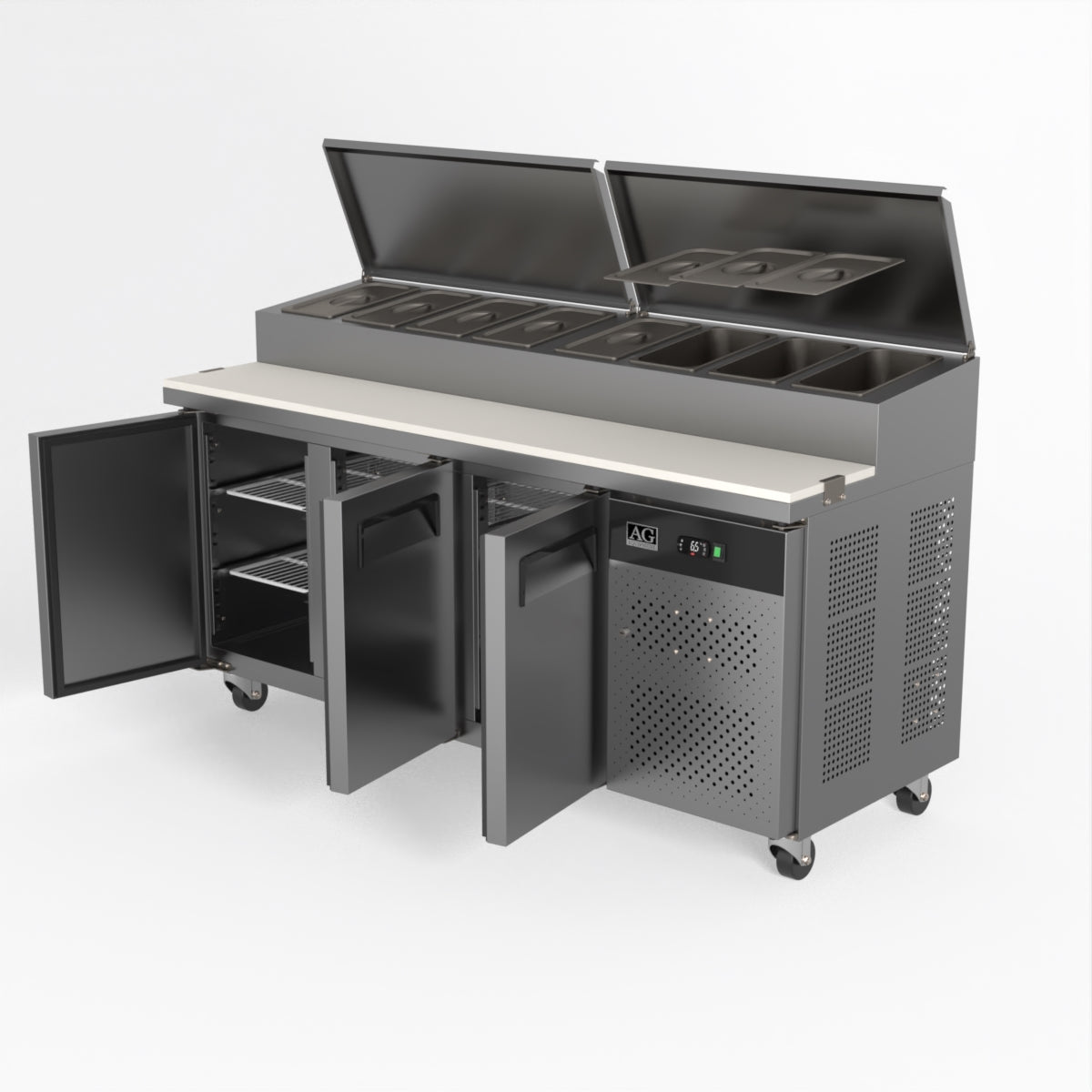 AG 3 Door Commercial Saladette Refrigerator - Holds 8 x 1/3 GN Food Storage Trays - Perfect for Restaurants, Delis & Catering Businesses