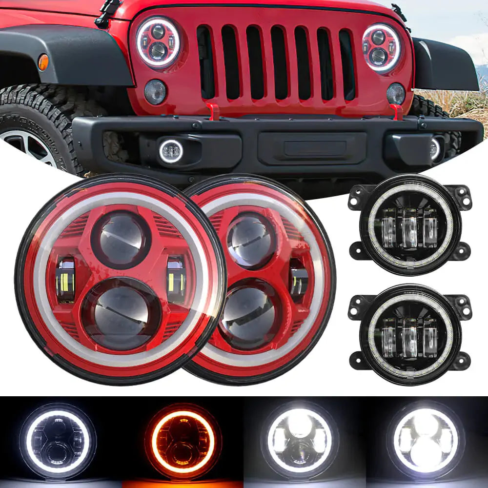 LOYO 7 Halo LED Headlights + 4 Halo LED Fog Lights with DRL & Amber Turn Signal - Compatible with Jeep Wrangler 1997-2017 JK TJ LC CJ - Upgrade Your Off-Road Lighting for Night Driving & Adventure