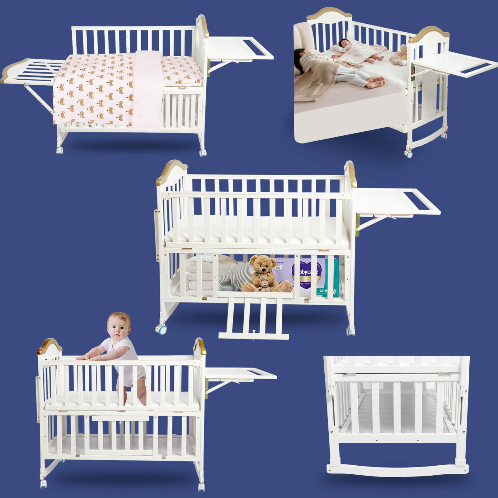 Portable Mini Baby Crib - 4-in-1 Convertible Modern Baby Bed with Foldable Storage Shelf & Mattress Included, Small Wooden Bassinet for Nursery, Bedroom & Travel, White - Perfect for Newborns, Toddlers & Space-Saving Homes
