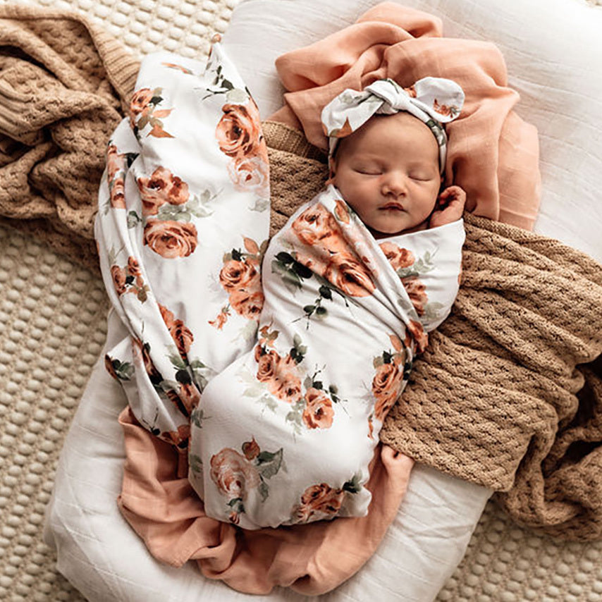Snuggle Hunny Baby Jersey Wrap & Topknot Set - Soft Cotton Newborn Swaddle Blanket & Headband Outfit for Girls - Perfect for Photography, Baby Shower Gifts & Nursery Essentials