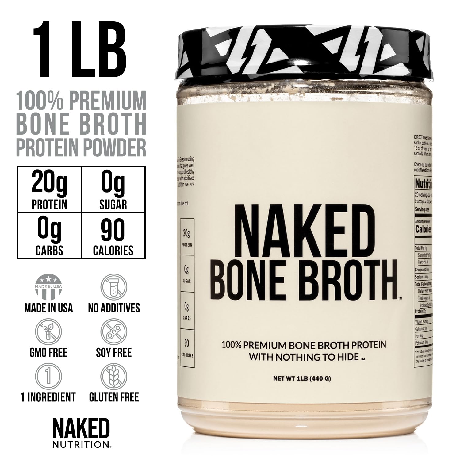 Naked Bone Broth Protein Powder - 100% Pure Beef Bone Broth with 20G Protein per Serving | Gut Health & Joint Support Supplement | Unflavored, Non-GMO, Gluten-Free, Soy-Free | 1 LB (16 oz) | Perfect for Keto, Paleo & Post-Workout Recovery