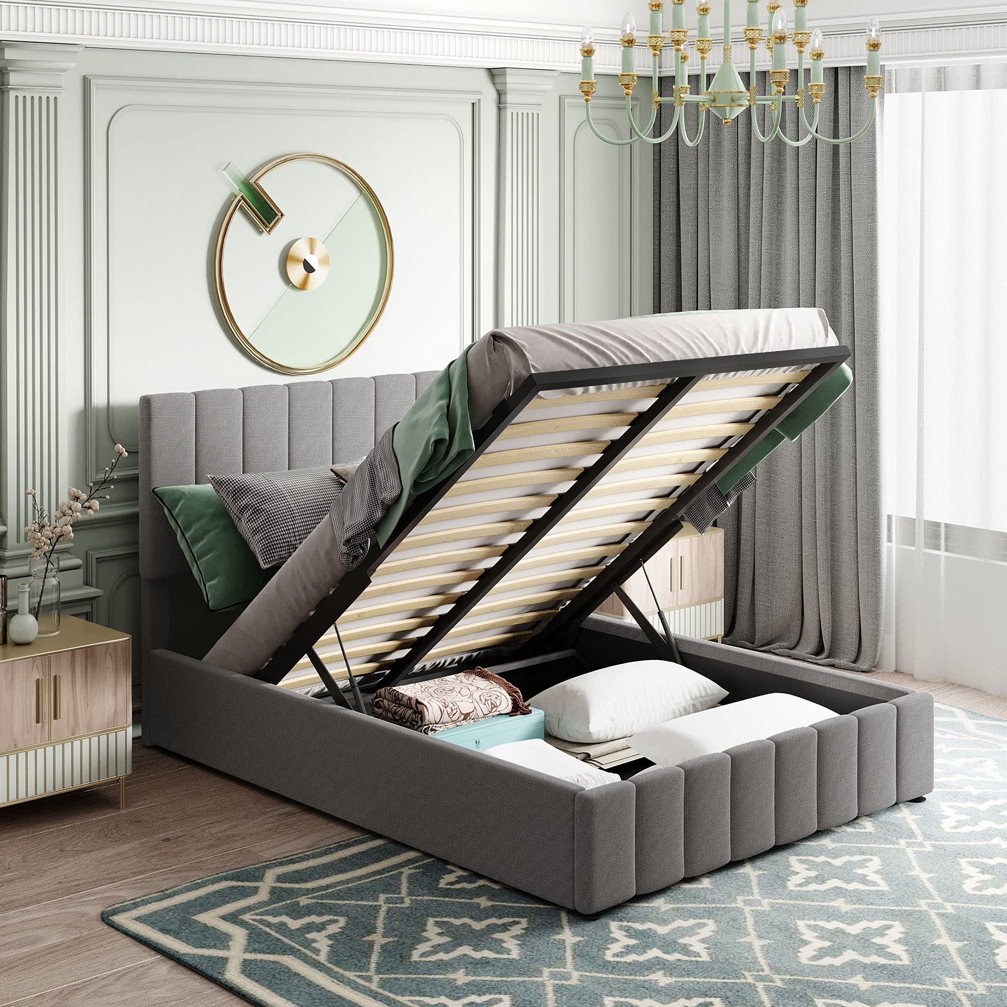 Full Size Upholstered Platform Bed with Hydraulic Storage - Wooden Bed Frame with Headboard, Sturdy Wood Slat Support (No Box Spring Needed) - Perfect for Small Bedrooms & Guest Rooms (Gray)
