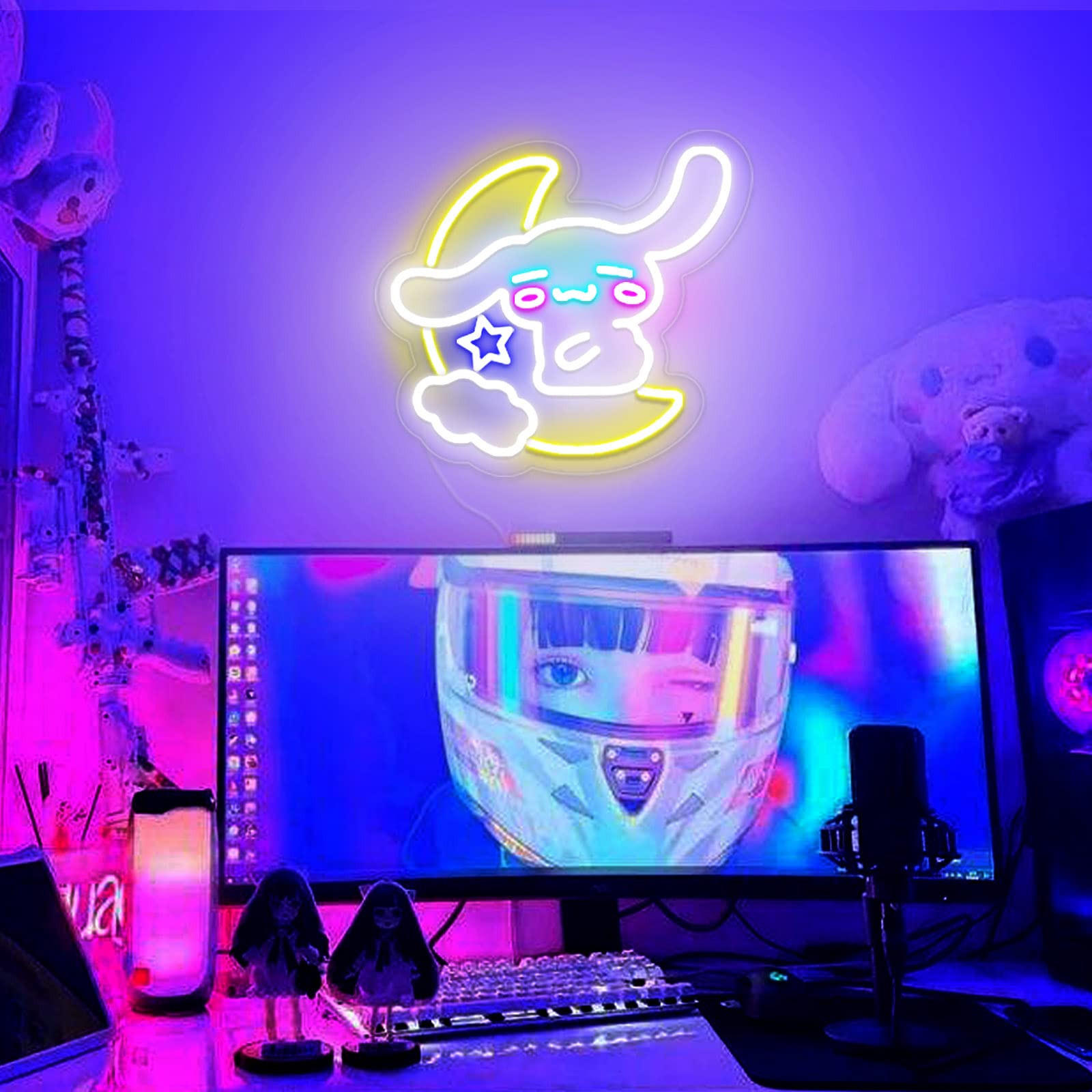 Cinnamoroll LED Light Sanrio Neon Sign - 3D Anime Wall Art, Cute Hug the Moon Night Lamp for Bedroom, Game Room & Apartment Decor - Japanese Cartoon Sanrio Gift for Kids & Adults - 15