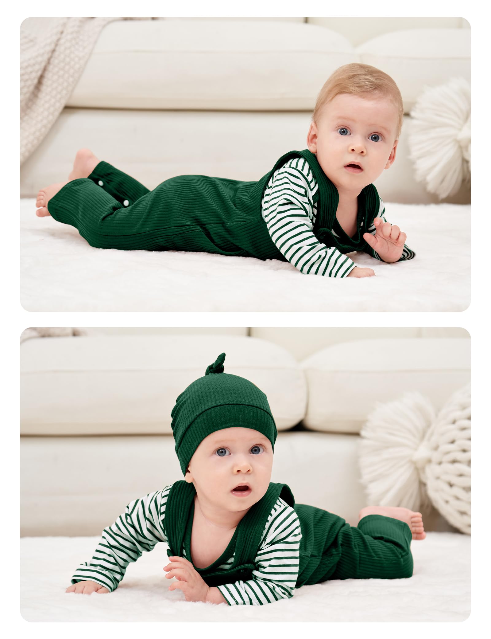 Adorable 0-18 Months Baby Boy Outfits - Striped Romper Top & Overalls Set with Matching Hat | Soft Cotton Newborn Clothes for Playtime, Photos & Everyday Wear