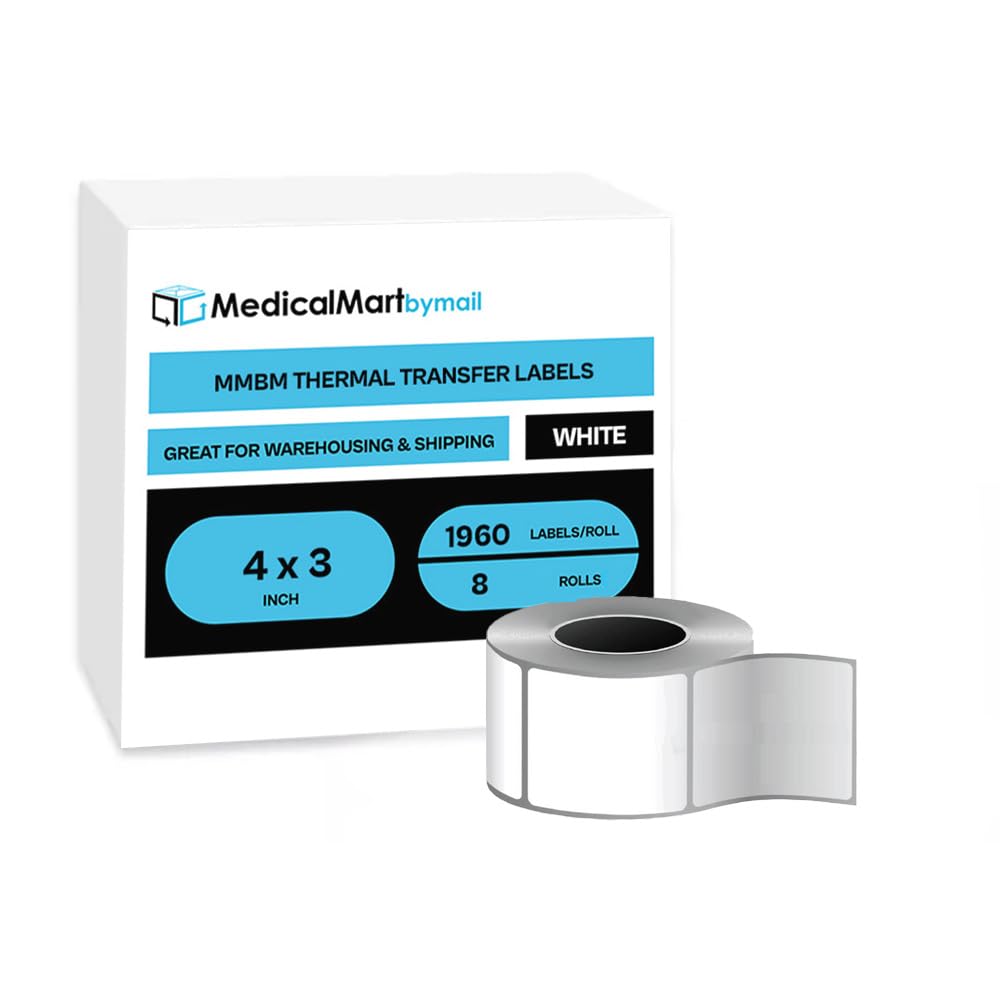 MMBM 4x3 Inch Thermal Transfer Labels - 8 Rolls, 1960 Labels per Roll, 3 Inch Core, Perforated for Easy Tearing (Thermal Ribbon Not Included) - Perfect for Shipping, Inventory & Barcode Labeling in Warehouses, Retail & Logistics