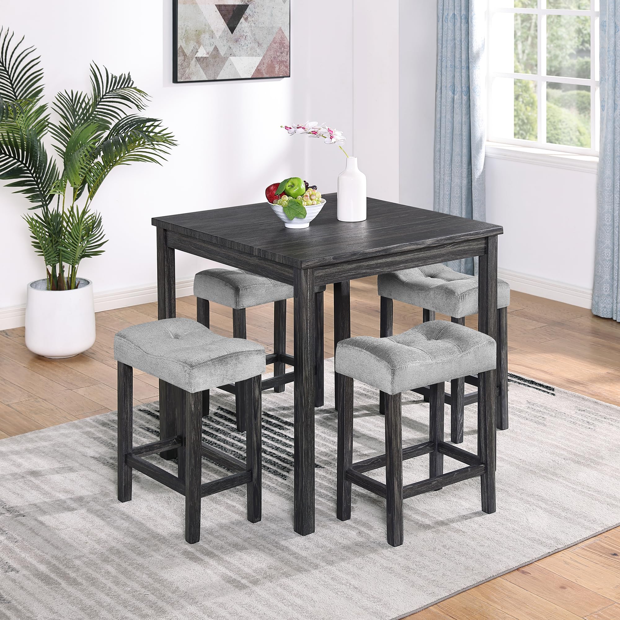 Polibi 5-Piece Counter Height Dining Set - Space Saving Wooden Square Table with 4 Upholstered Stools (Black Table + Gray Stools) - Perfect for Small Kitchens, Breakfast Nooks & Modern Apartments