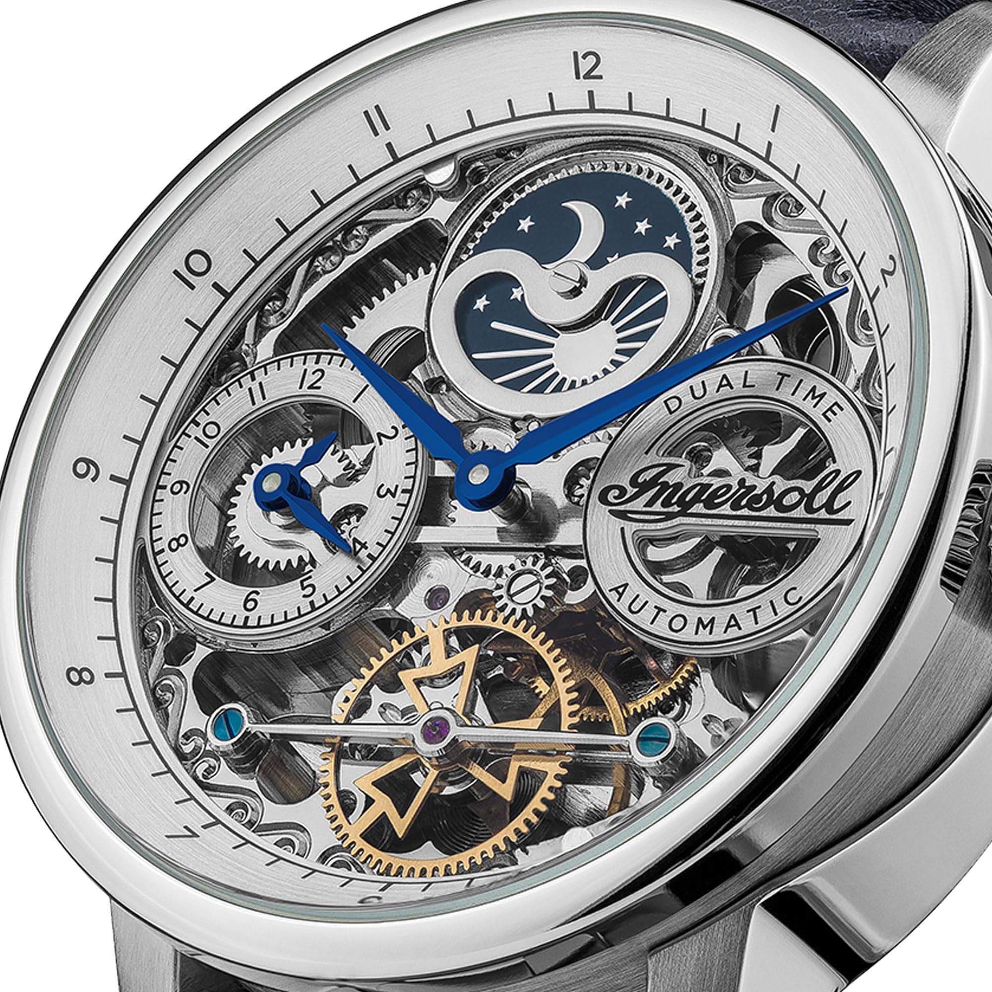 Ingersoll The Jazz Men's 42mm Automatic Moonphase Watch - Silver Skeleton Dial & Genuine Blue Leather Strap I07702 - Perfect for Formal Events, Business Meetings & Luxury Gift Giving